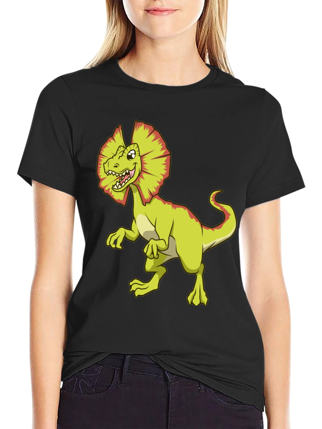 Dino Cartoon Graphic Tee - Black Cotton T-Shirt