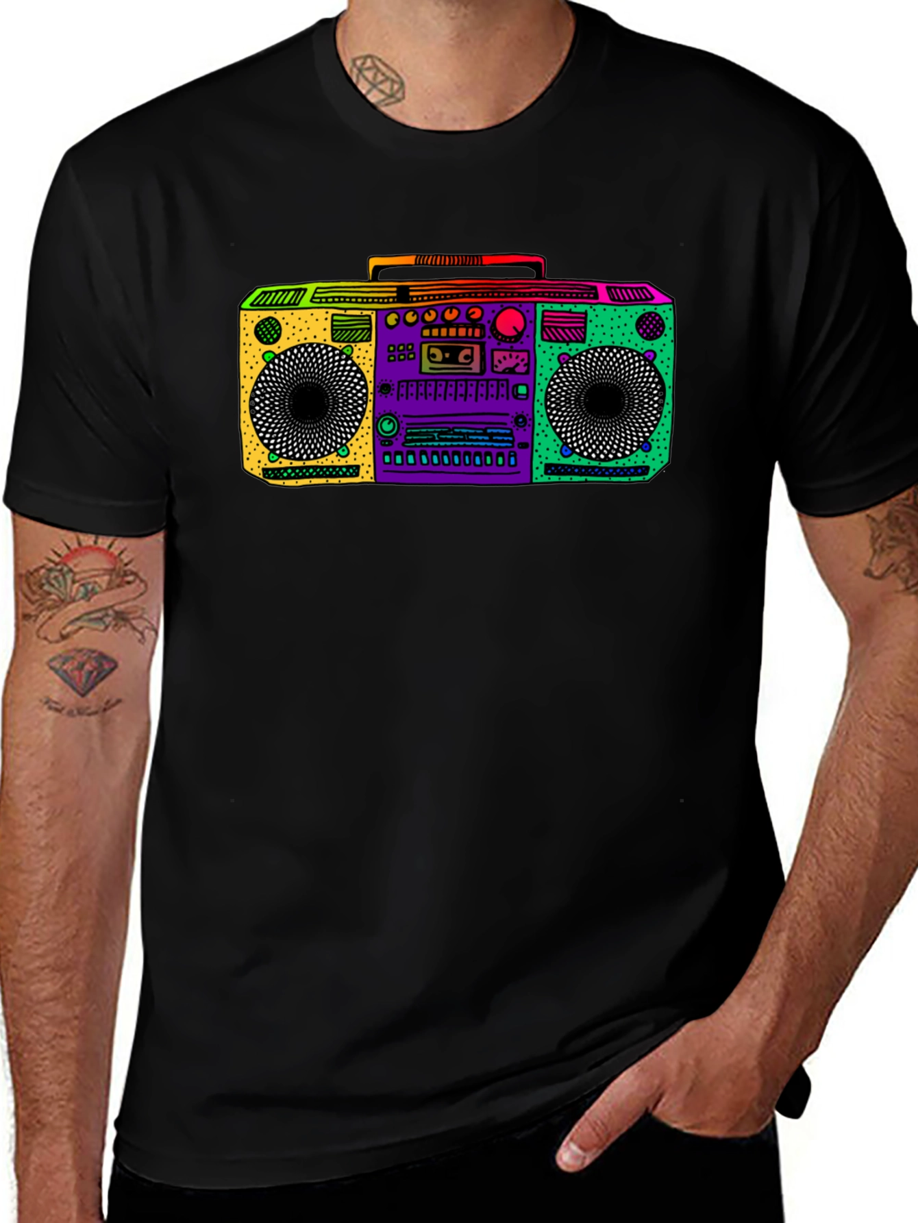 Retro Boombox Graphic Tee - Black Cotton T-Shirt