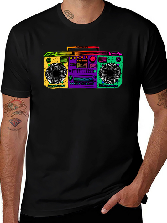 Retro Boombox Graphic Tee - Black Cotton T-Shirt
