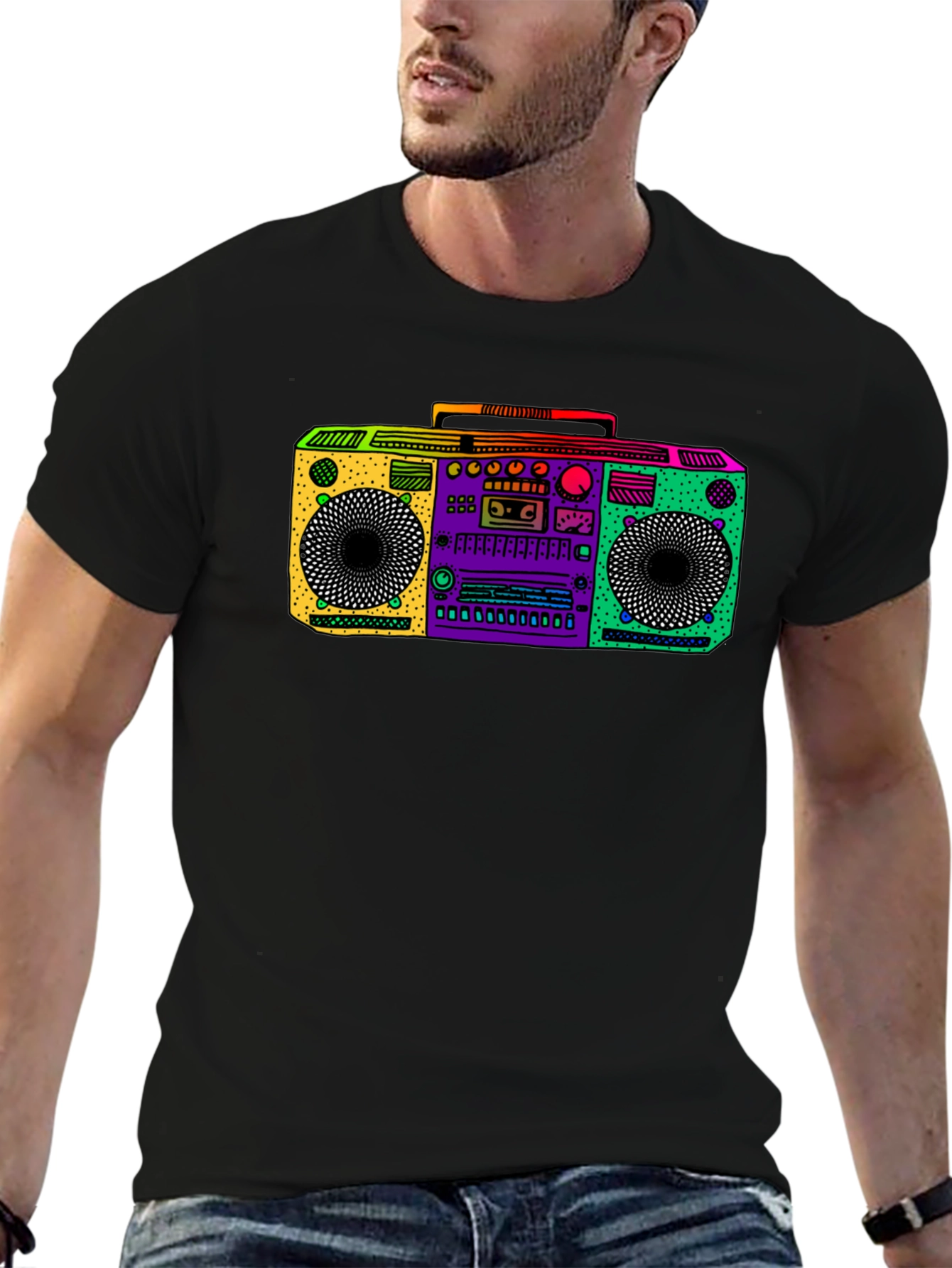 Retro Boombox Graphic Tee - Black Cotton T-Shirt