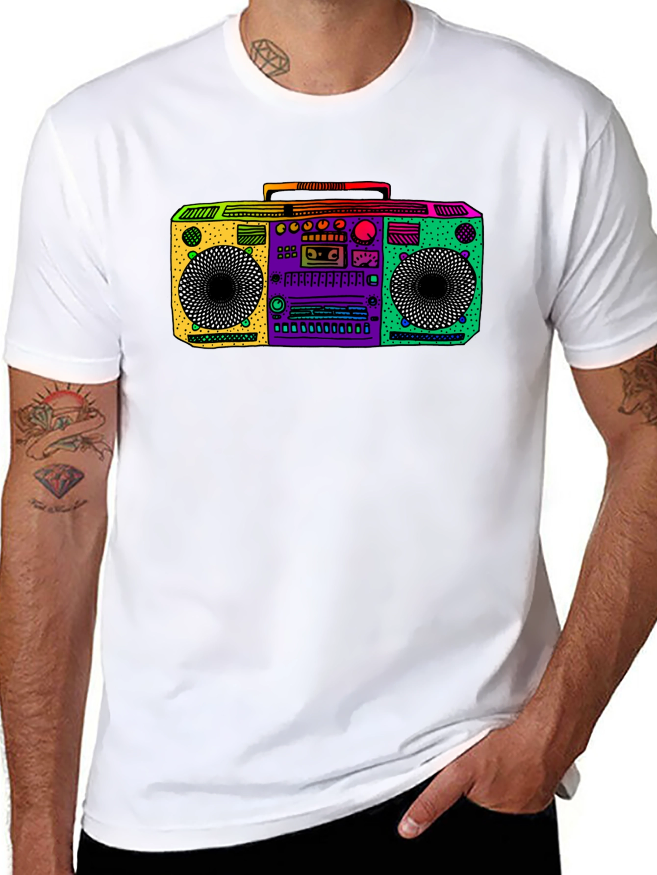 Retro Boombox Graphic Tee - Black Cotton T-Shirt