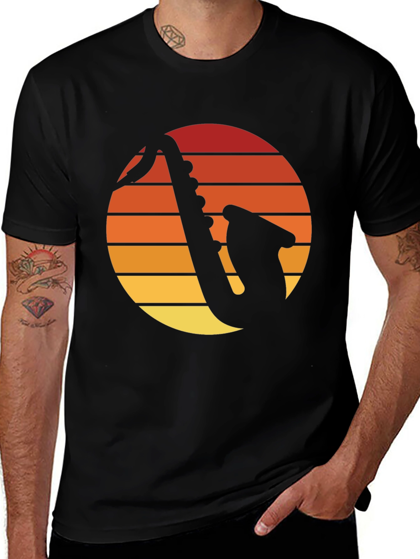 Retro Saxophone Sunset Graphic Tee - Black