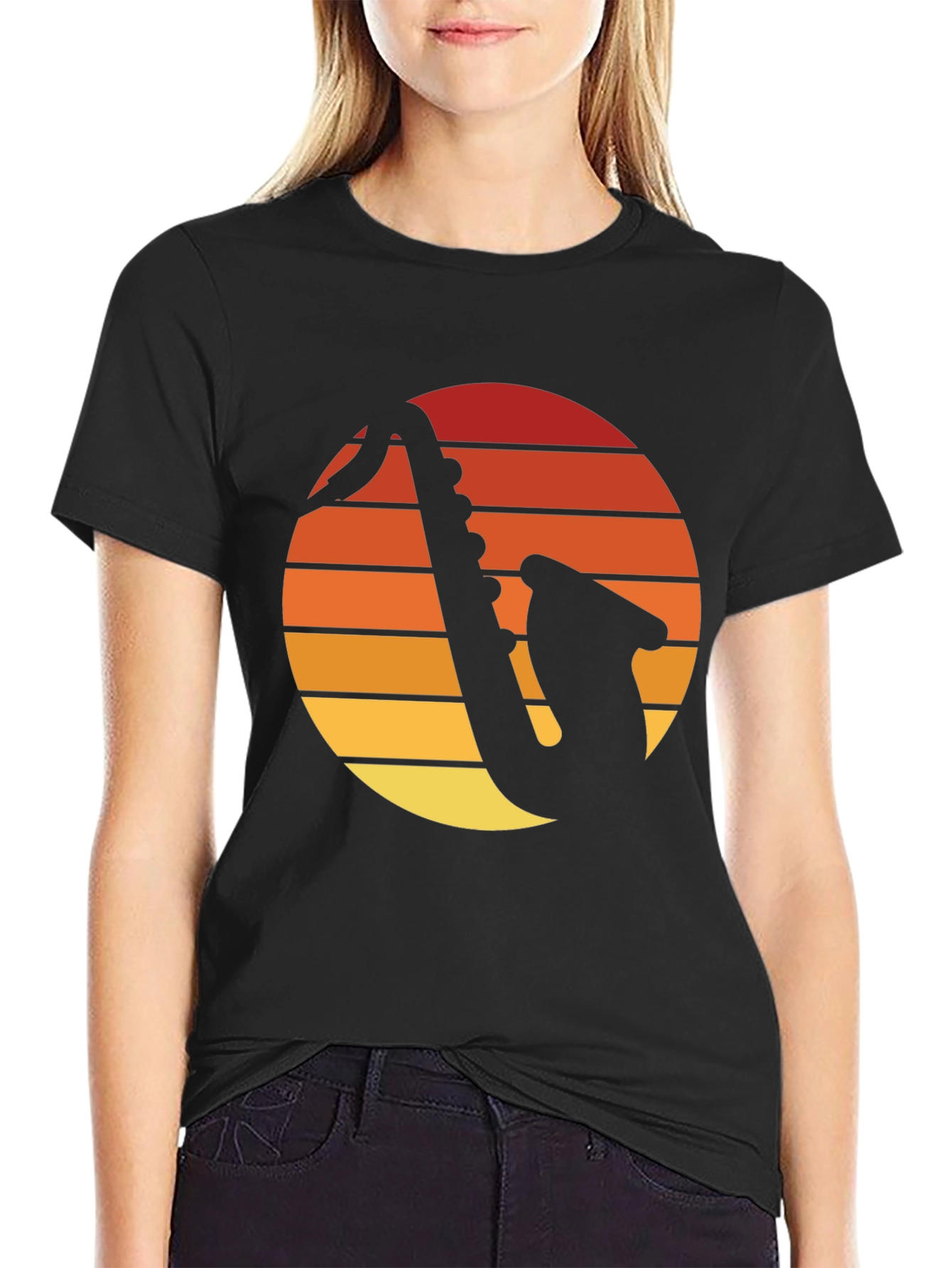 Retro Saxophone Sunset Graphic Tee - Black