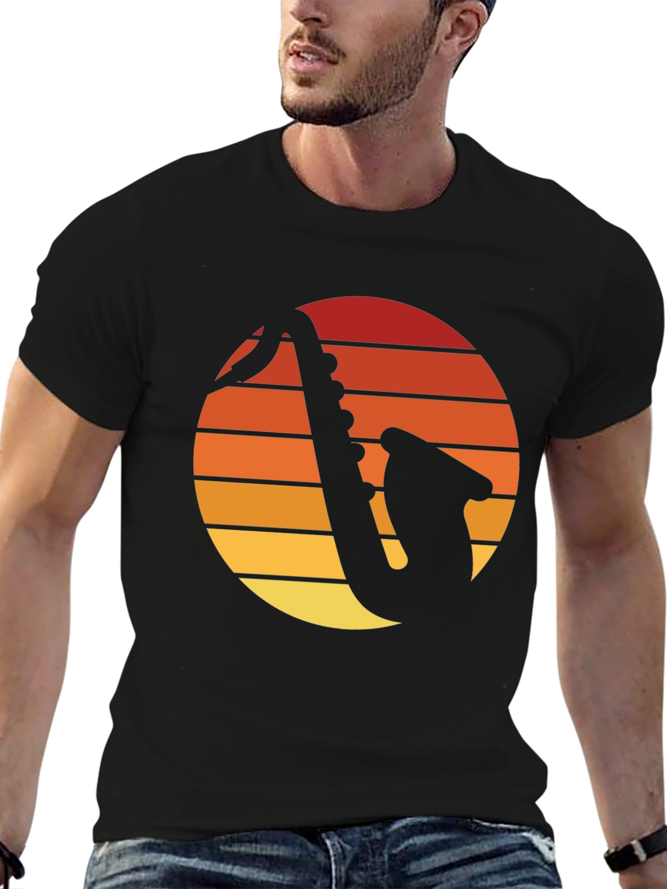 Retro Saxophone Sunset Graphic Tee - Black