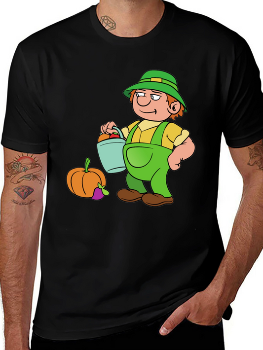 Cartoon Farmer Graphic T-Shirt - Black Cotton Tee
