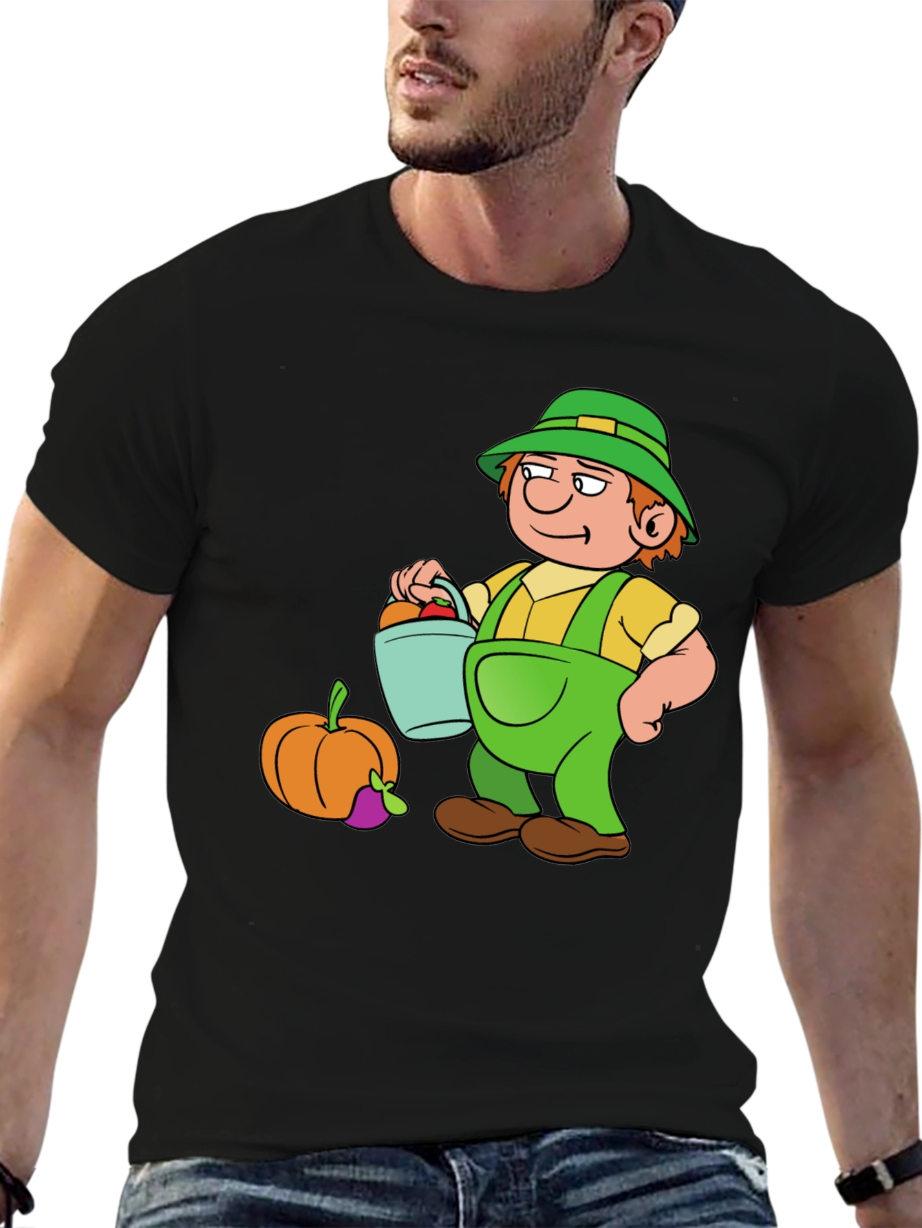 Cartoon Farmer Graphic T-Shirt - Black Cotton Tee