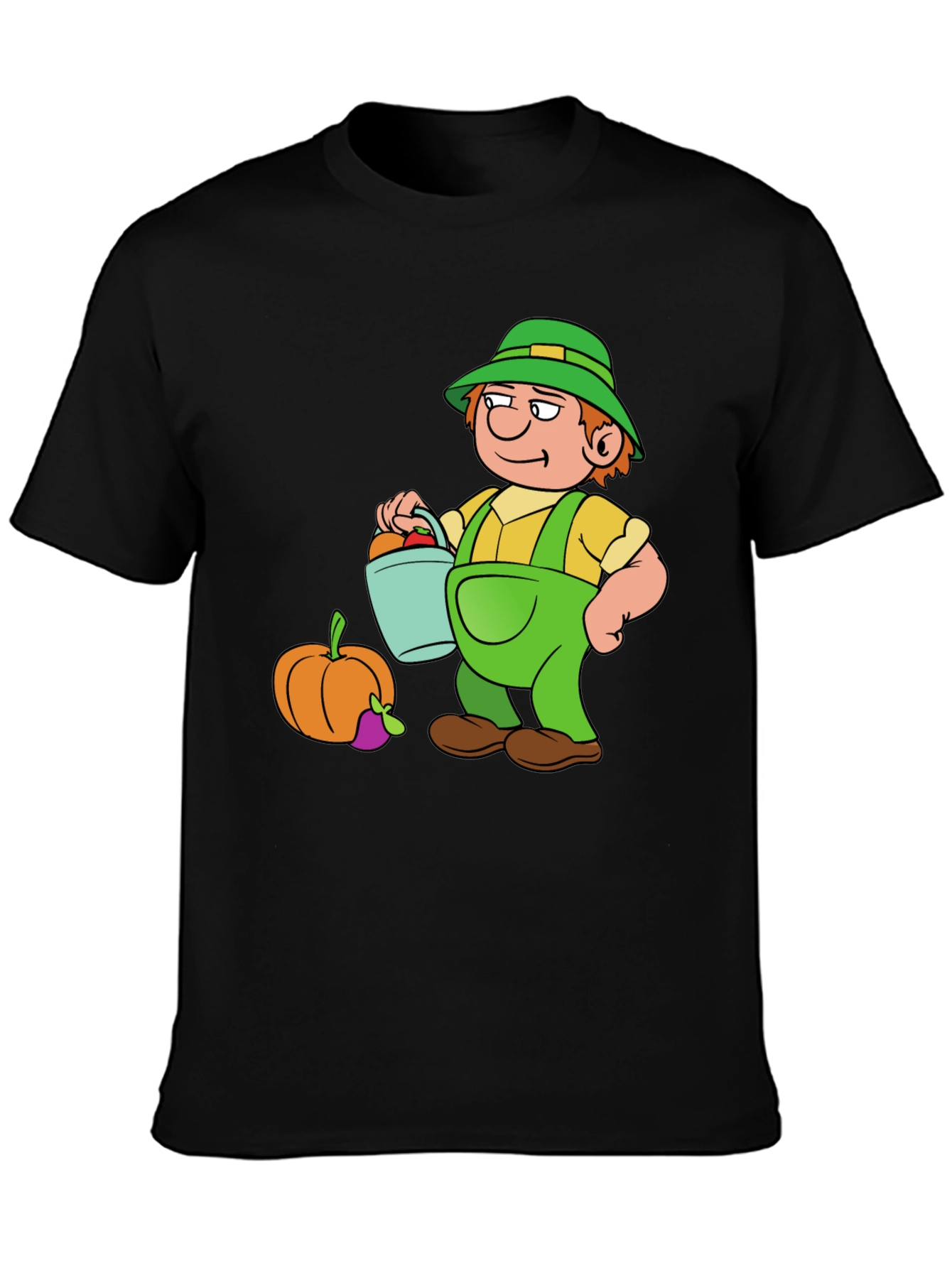 Cartoon Farmer Graphic T-Shirt - Black Cotton Tee