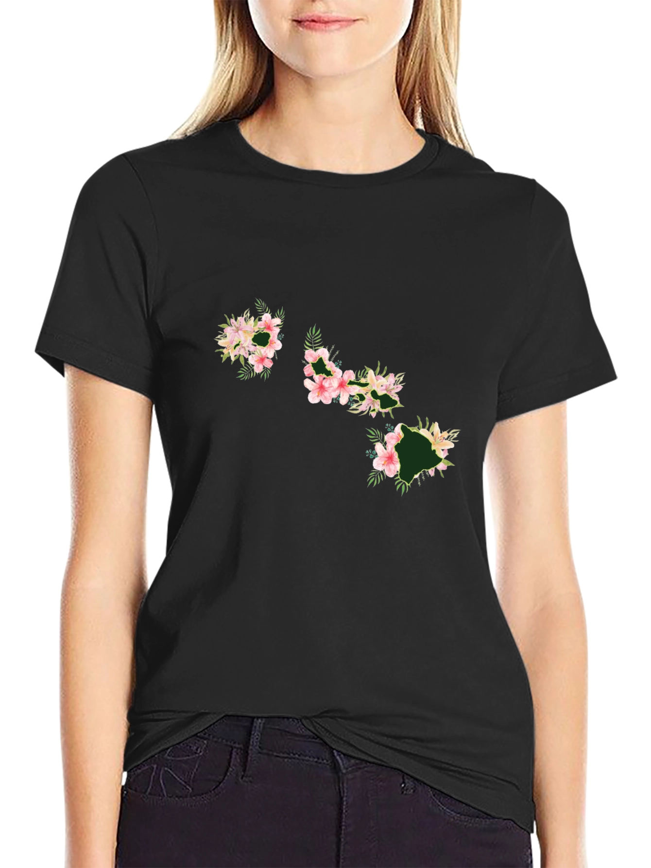 Floral Hawaii Islands Black T-Shirt