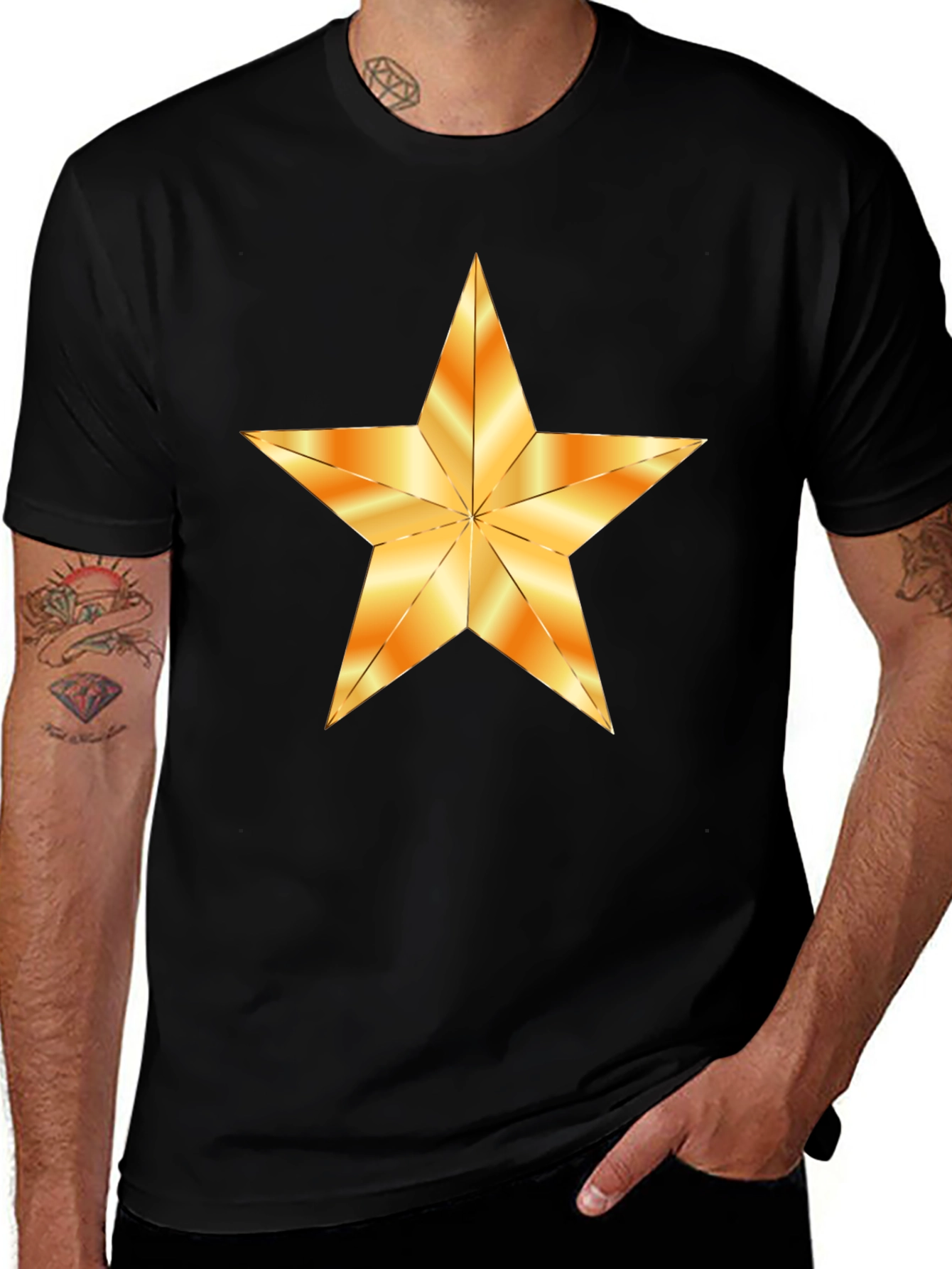 Black T-Shirt with Golden Star Graphic