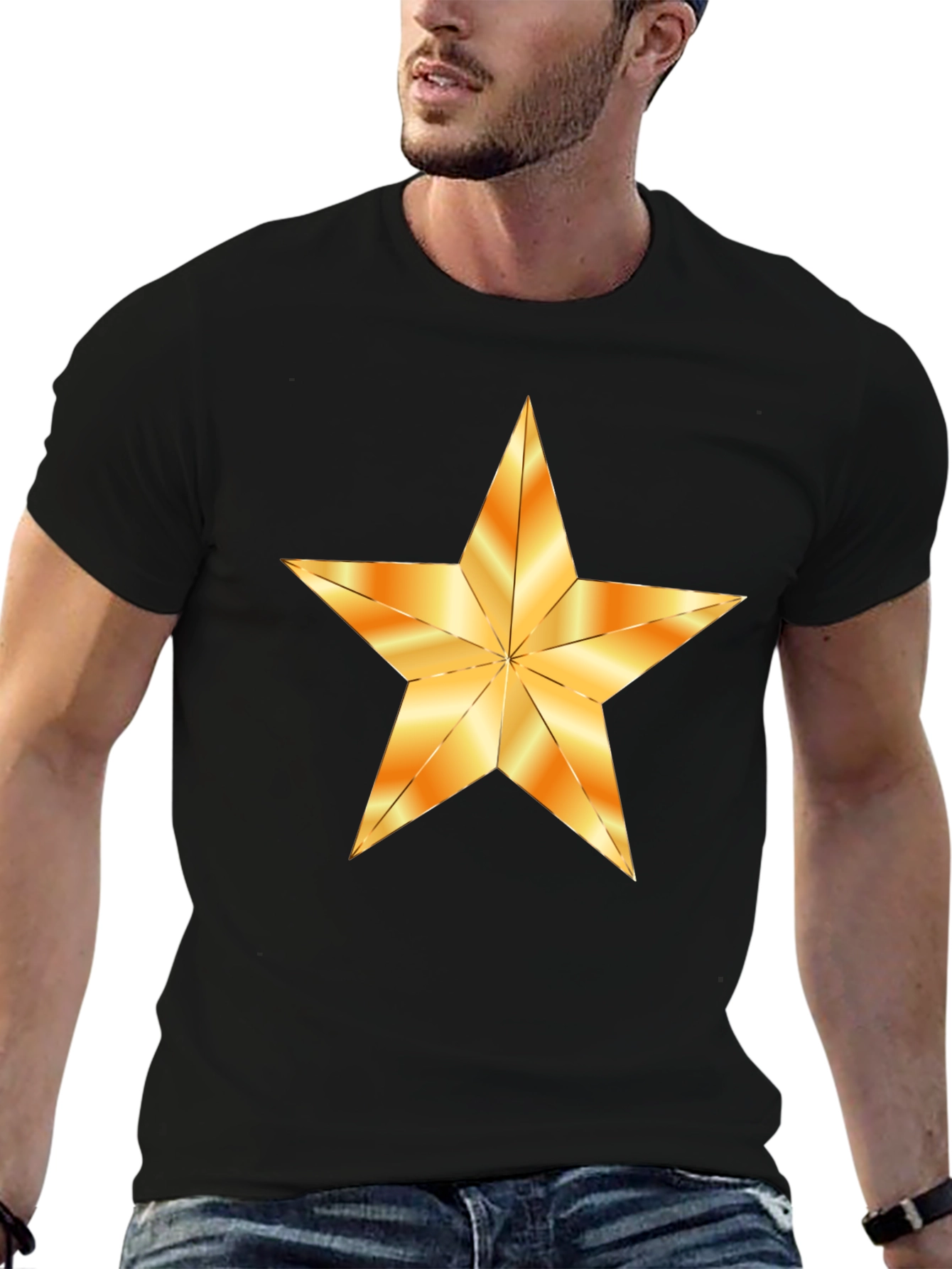 Black T-Shirt with Golden Star Graphic