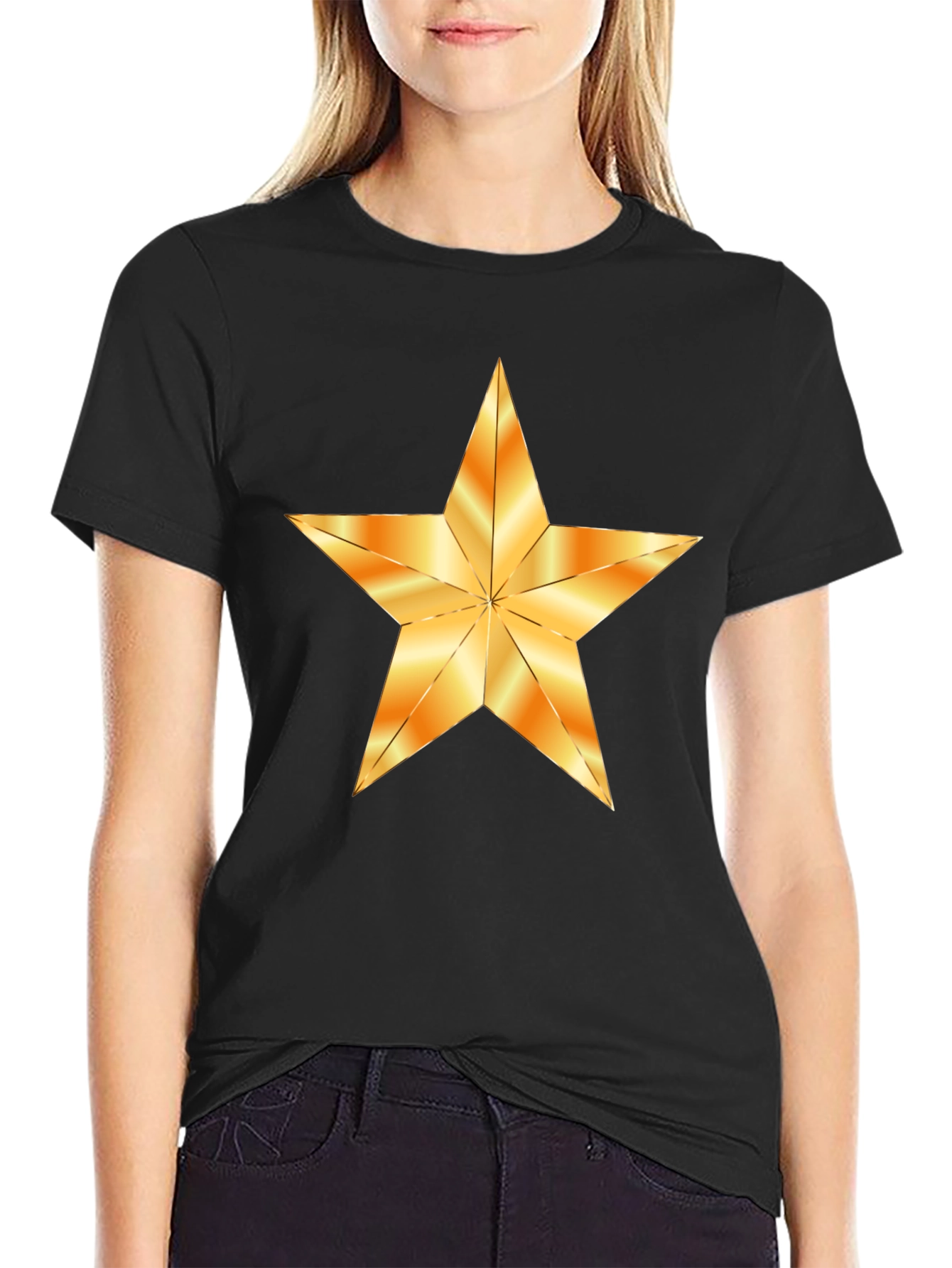Black T-Shirt with Golden Star Graphic