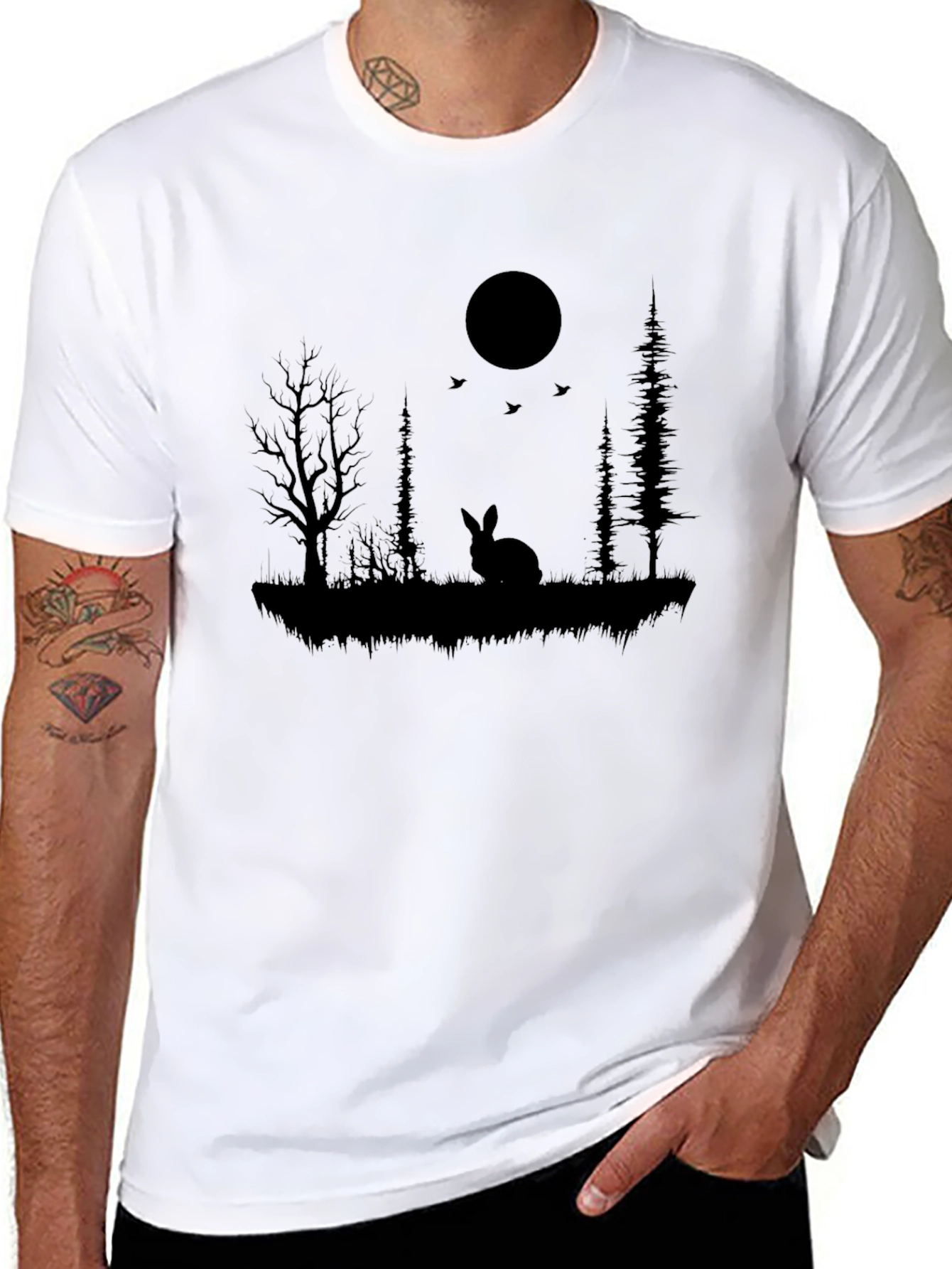 Silhouette Rabbit & Moon Graphic Black T-Shirt