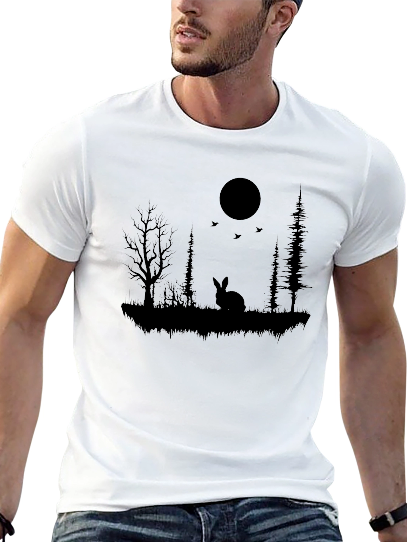 Silhouette Rabbit & Moon Graphic Black T-Shirt