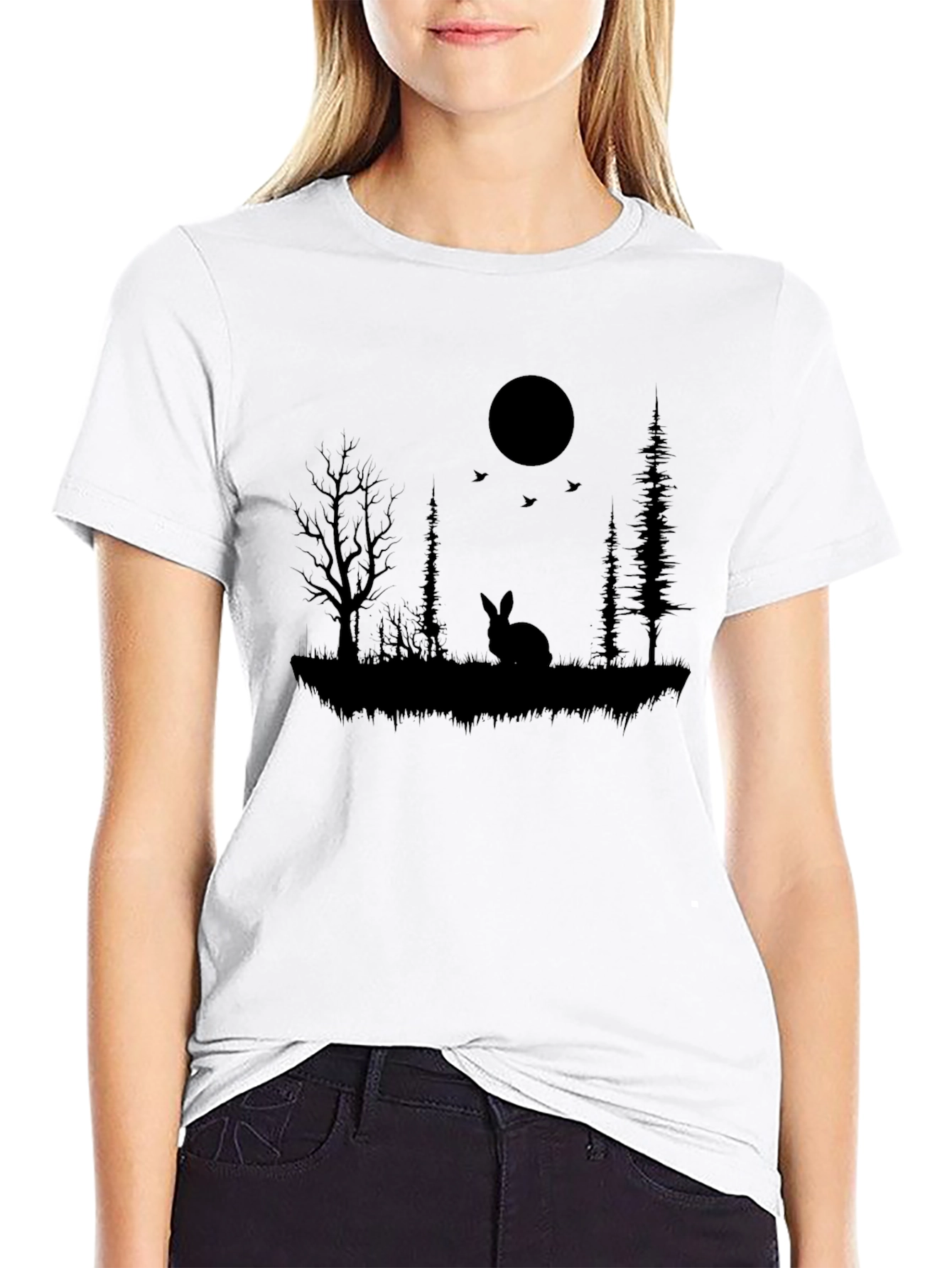 Silhouette Rabbit & Moon Graphic Black T-Shirt