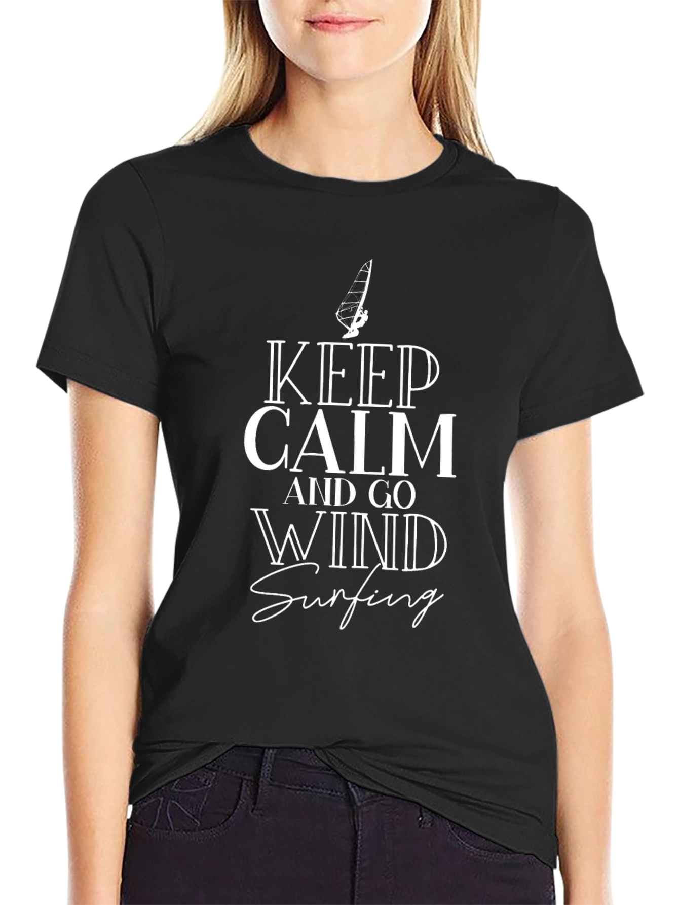 Keep Calm and Go Wind Surfing Black Graphic Tee