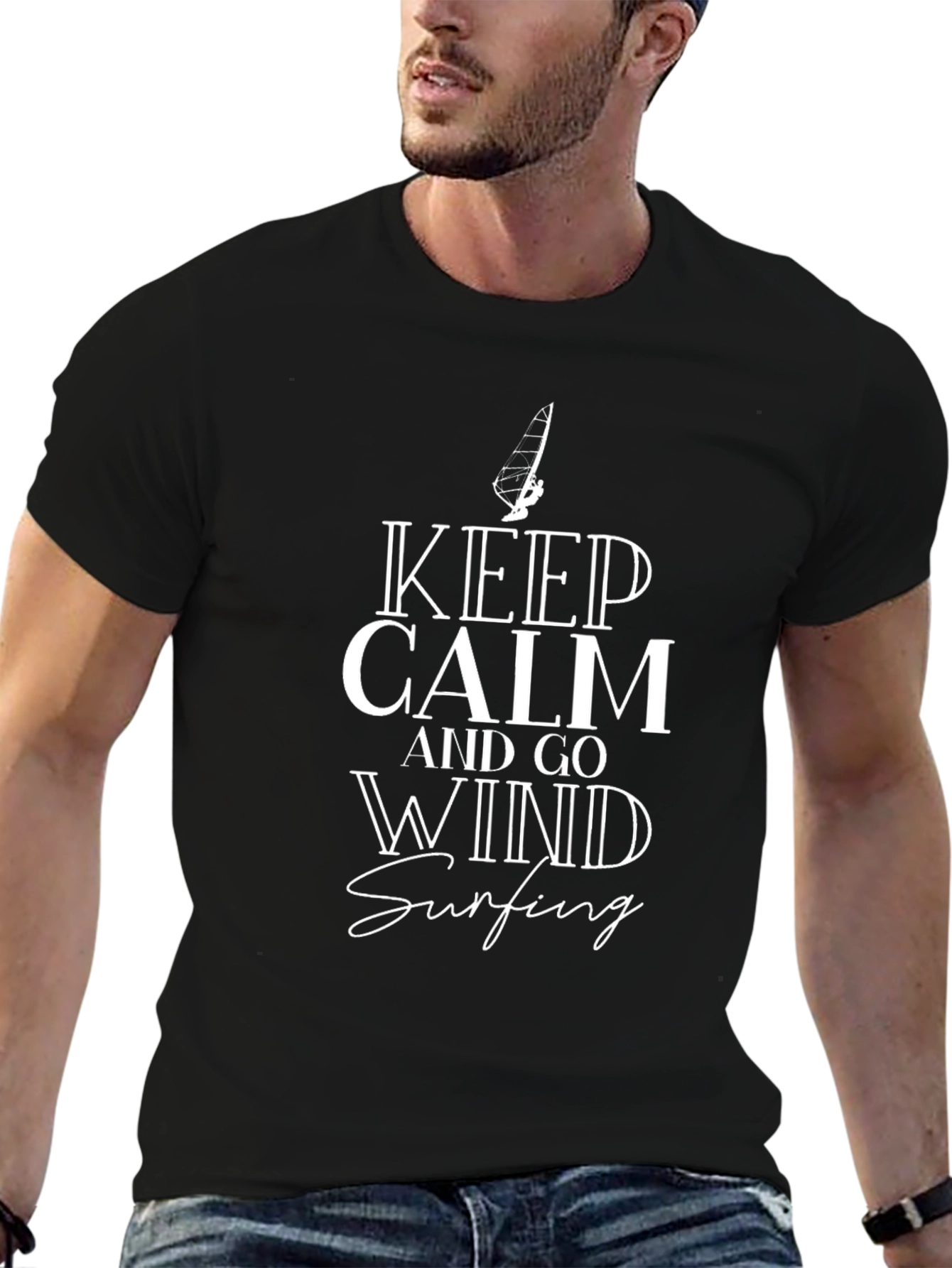 Keep Calm and Go Wind Surfing Black Graphic Tee