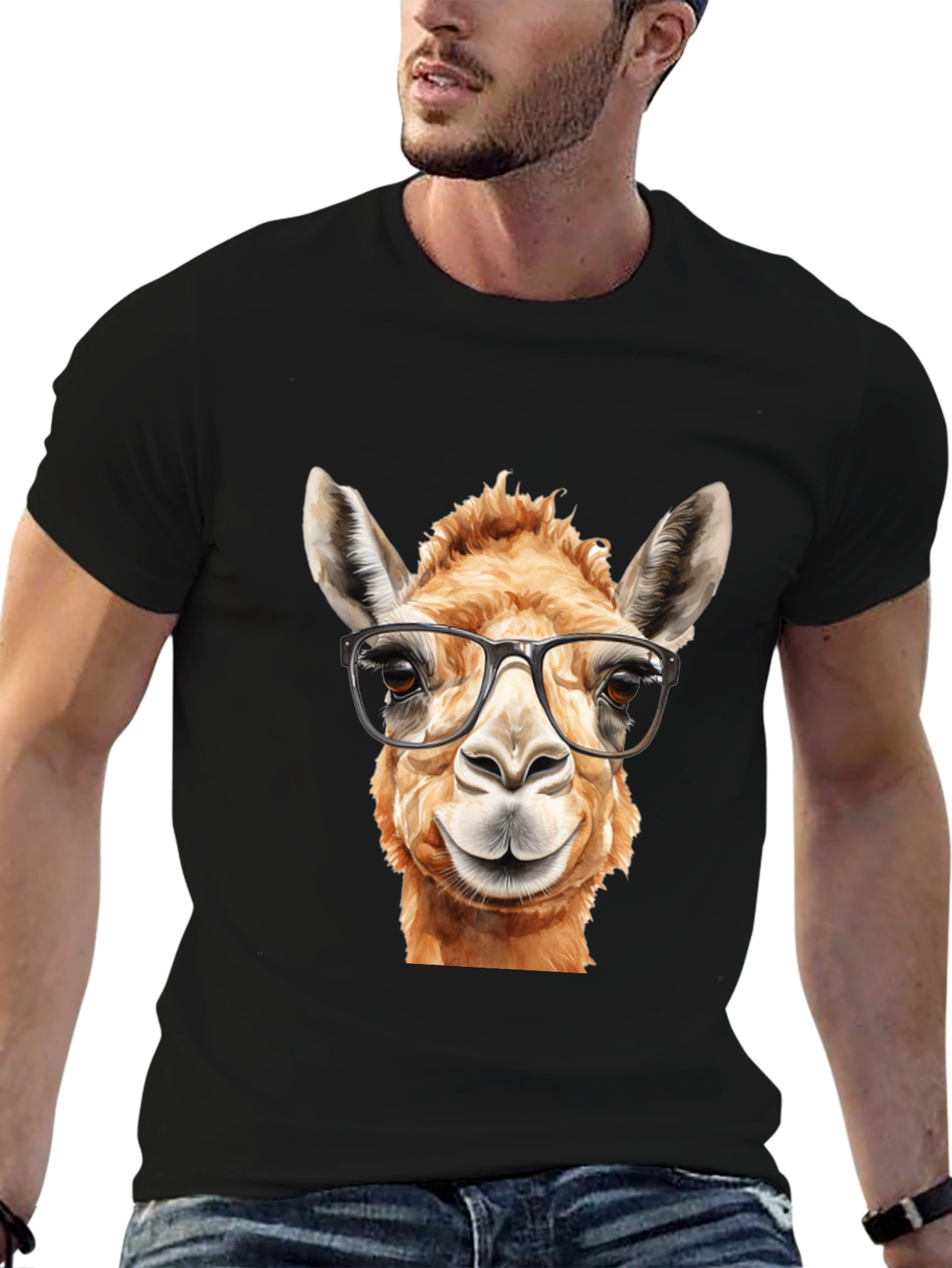 Llama with Glasses Black T-Shirt