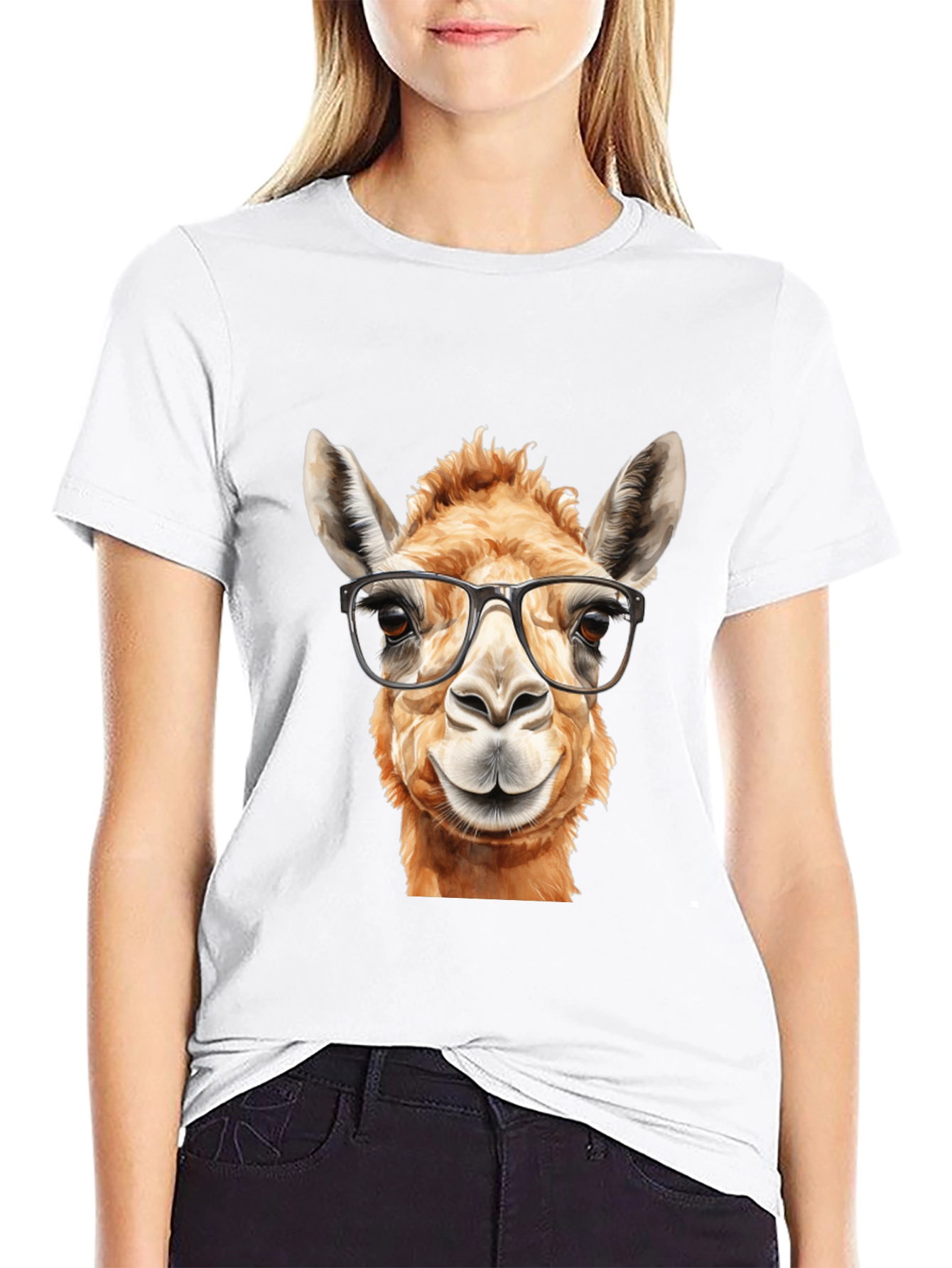 Llama with Glasses Black T-Shirt