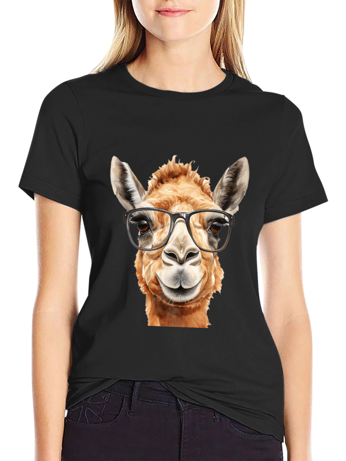 Llama with Glasses Black T-Shirt