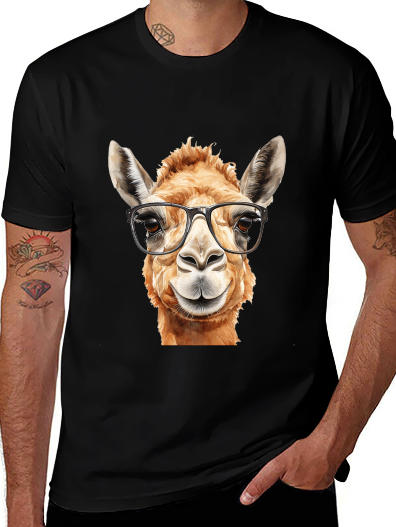 Llama with Glasses Black T-Shirt
