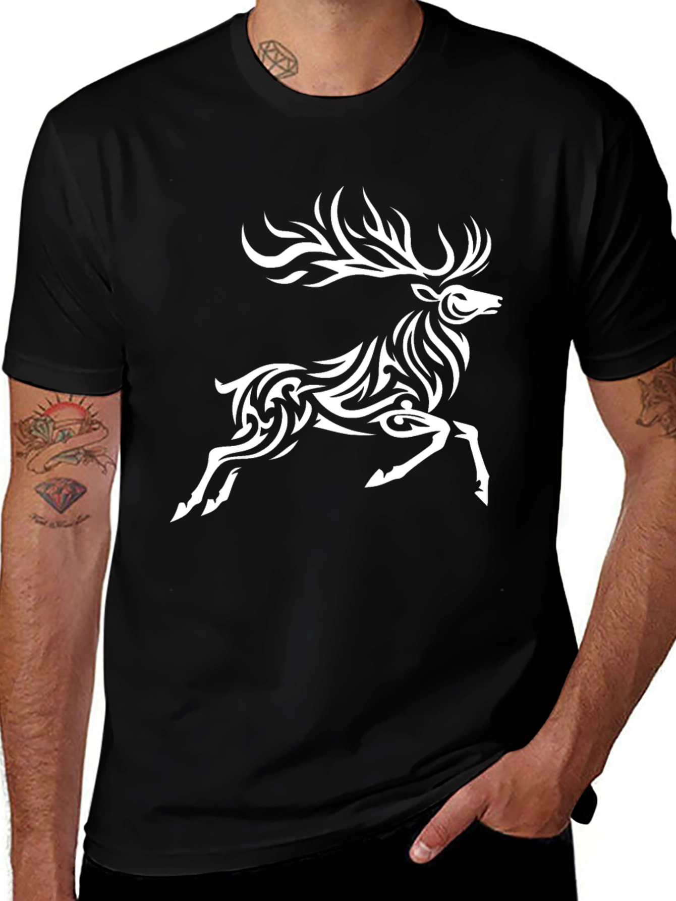 Tribal Deer Graphic Black T-Shirt
