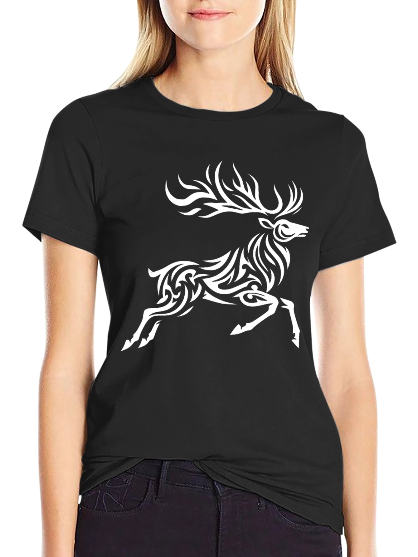 Tribal Deer Graphic Black T-Shirt