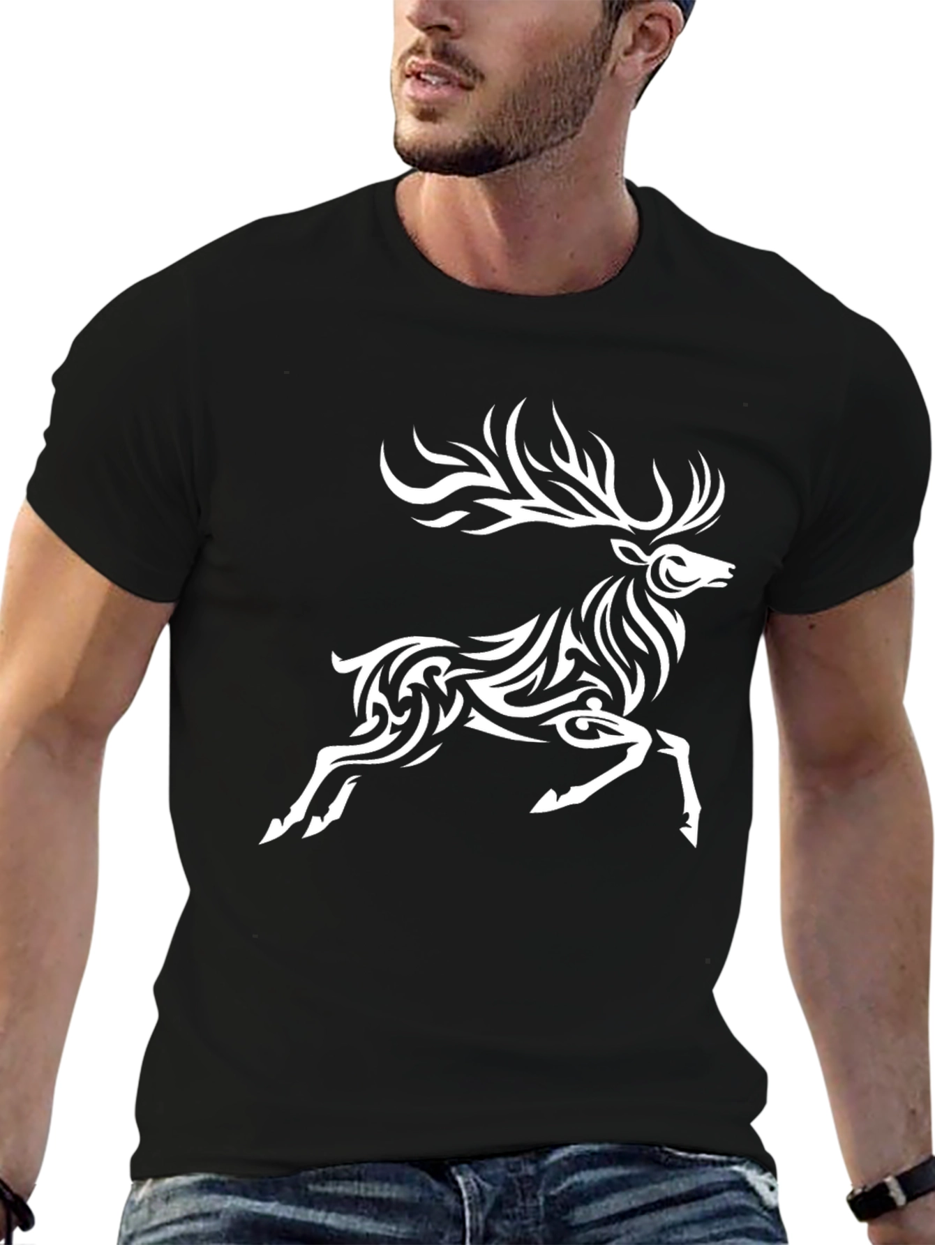 Tribal Deer Graphic Black T-Shirt
