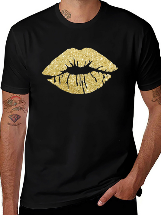 Gold Glitter Lips Graphic Tee - Stylish Black T-Shirt