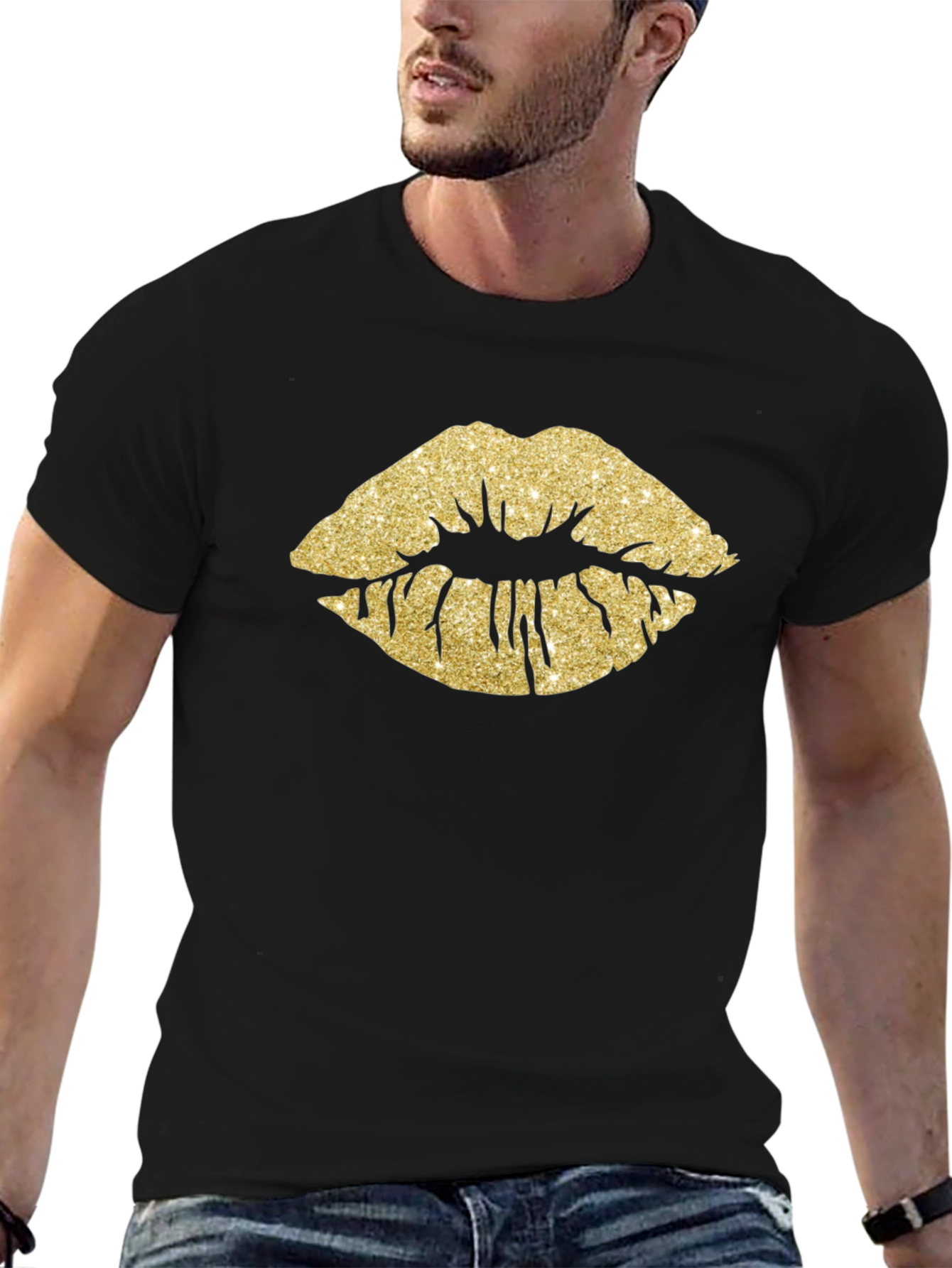 Gold Glitter Lips Graphic Tee - Stylish Black T-Shirt