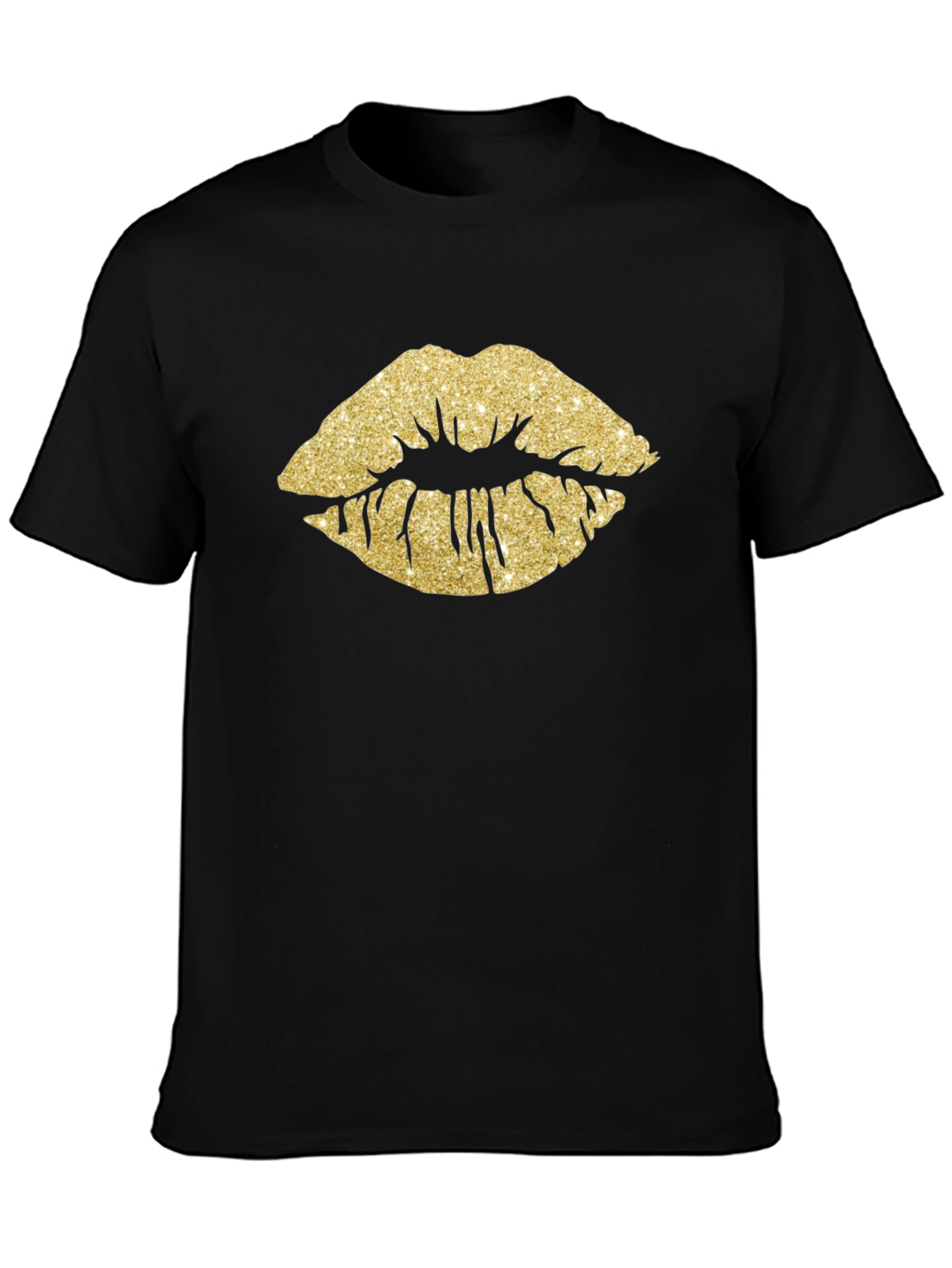 Gold Glitter Lips Graphic Tee - Stylish Black T-Shirt