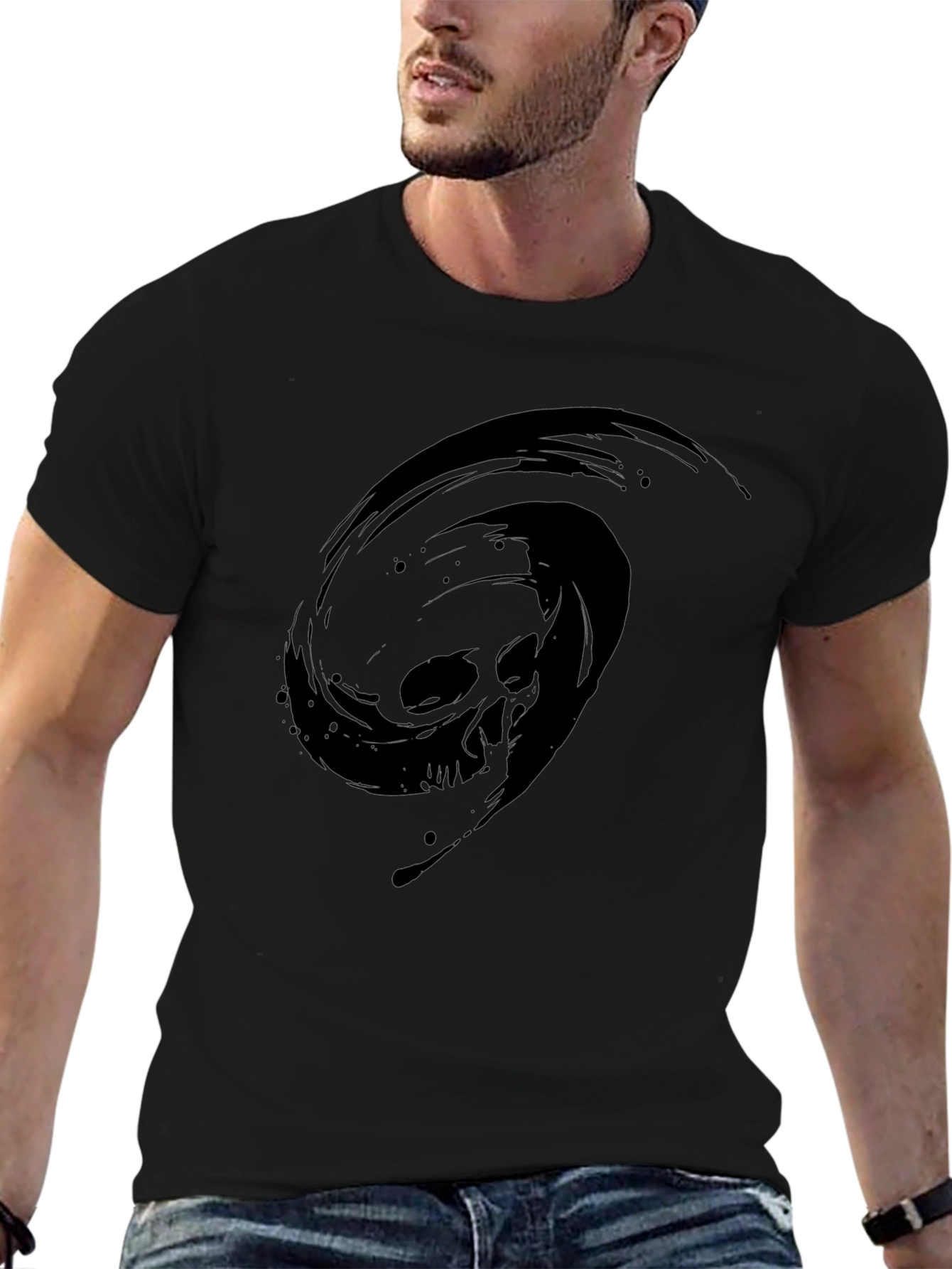 Black T-Shirt with Skull Vortex Design