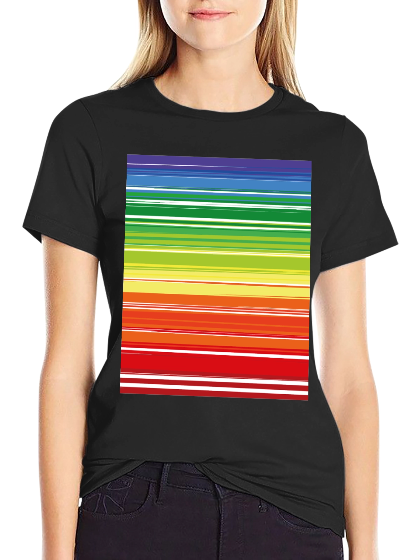 Rainbow Stripes Black Tee - Bold & Bright Style
