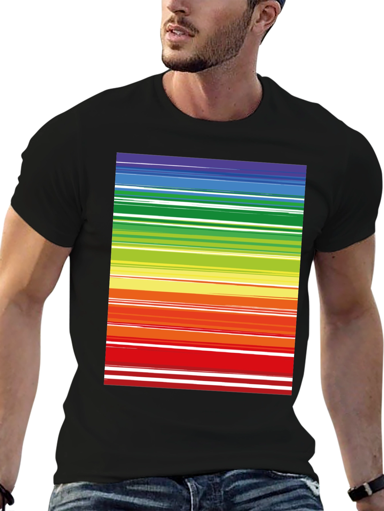 Rainbow Stripes Black Tee - Bold & Bright Style