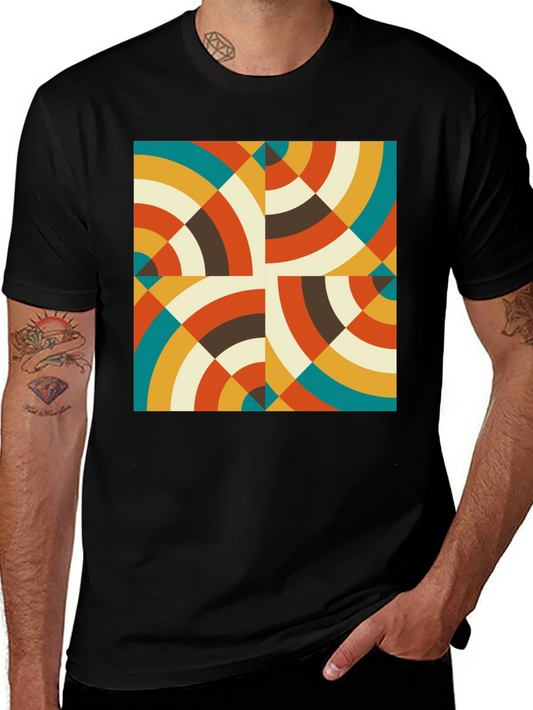 Retro Geometric Circle Pattern Black T-Shirt