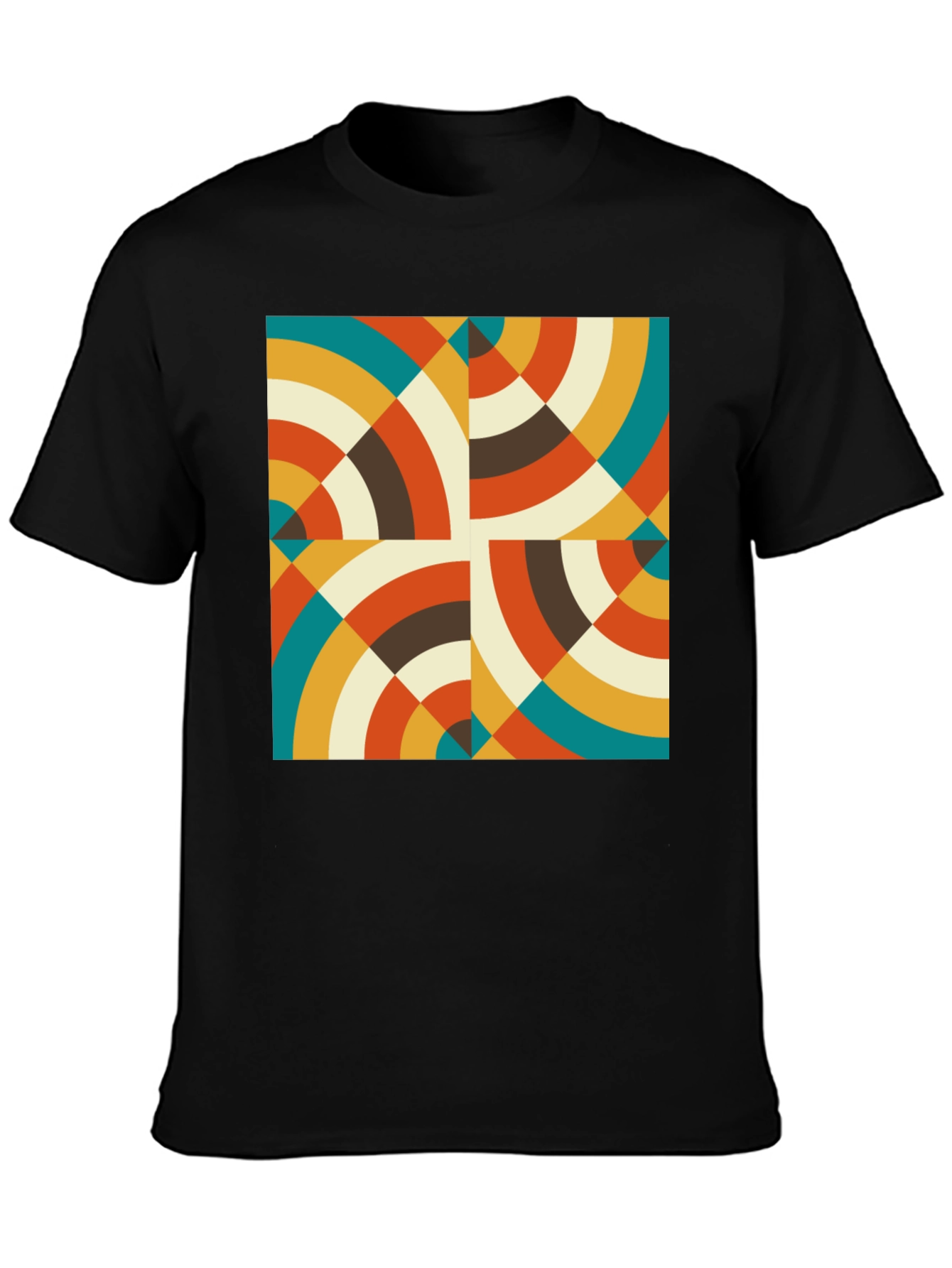 Retro Geometric Circle Pattern Black T-Shirt