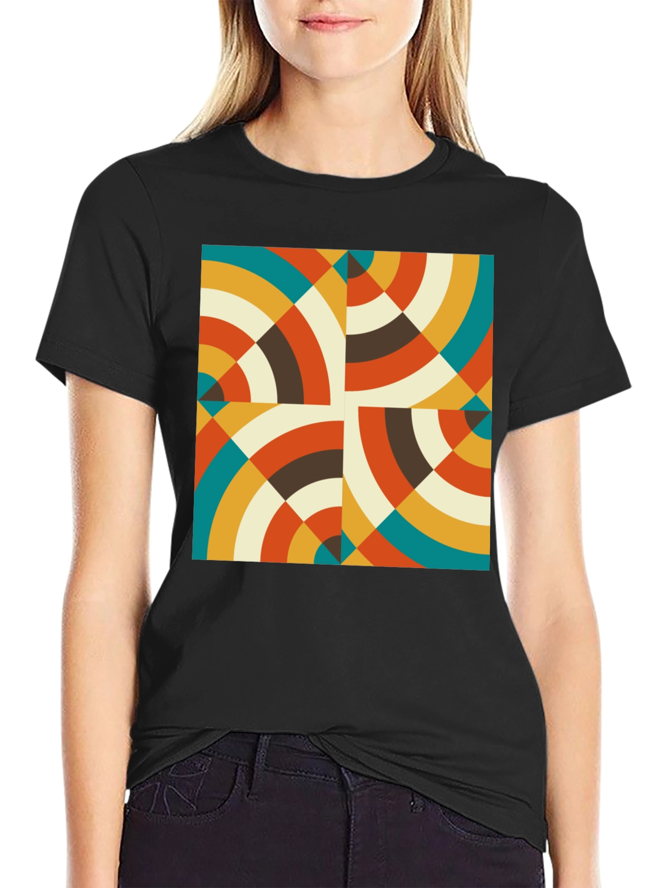 Retro Geometric Circle Pattern Black T-Shirt