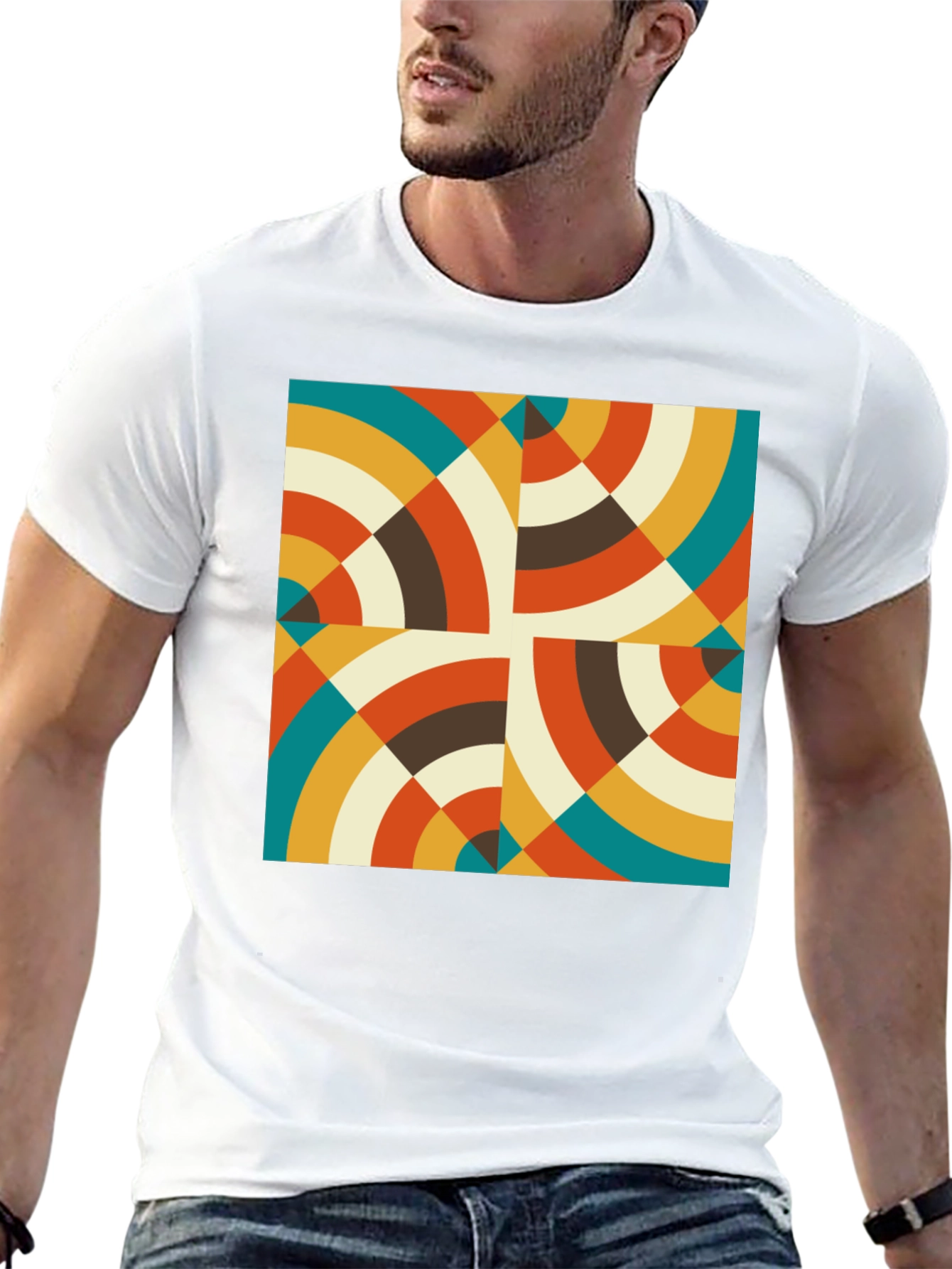 Retro Geometric Circle Pattern Black T-Shirt