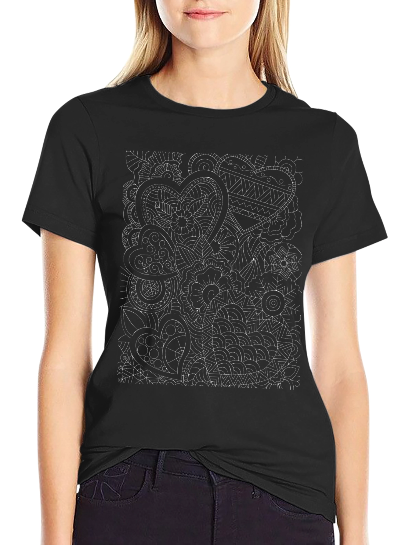 Abstract Heart Print Black T-Shirt