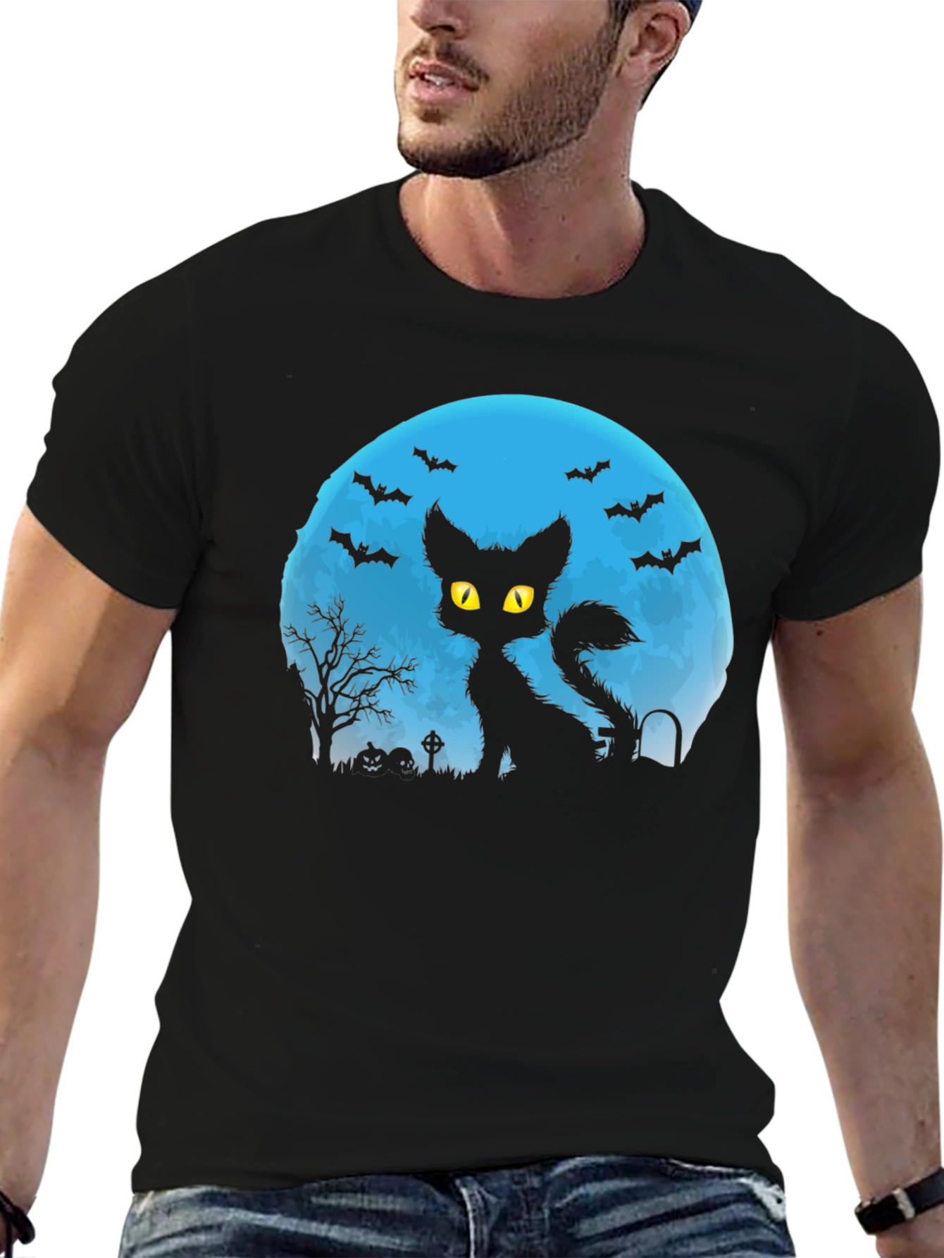 Halloween Cat Silhouette T-Shirt - Spooky Moon Design