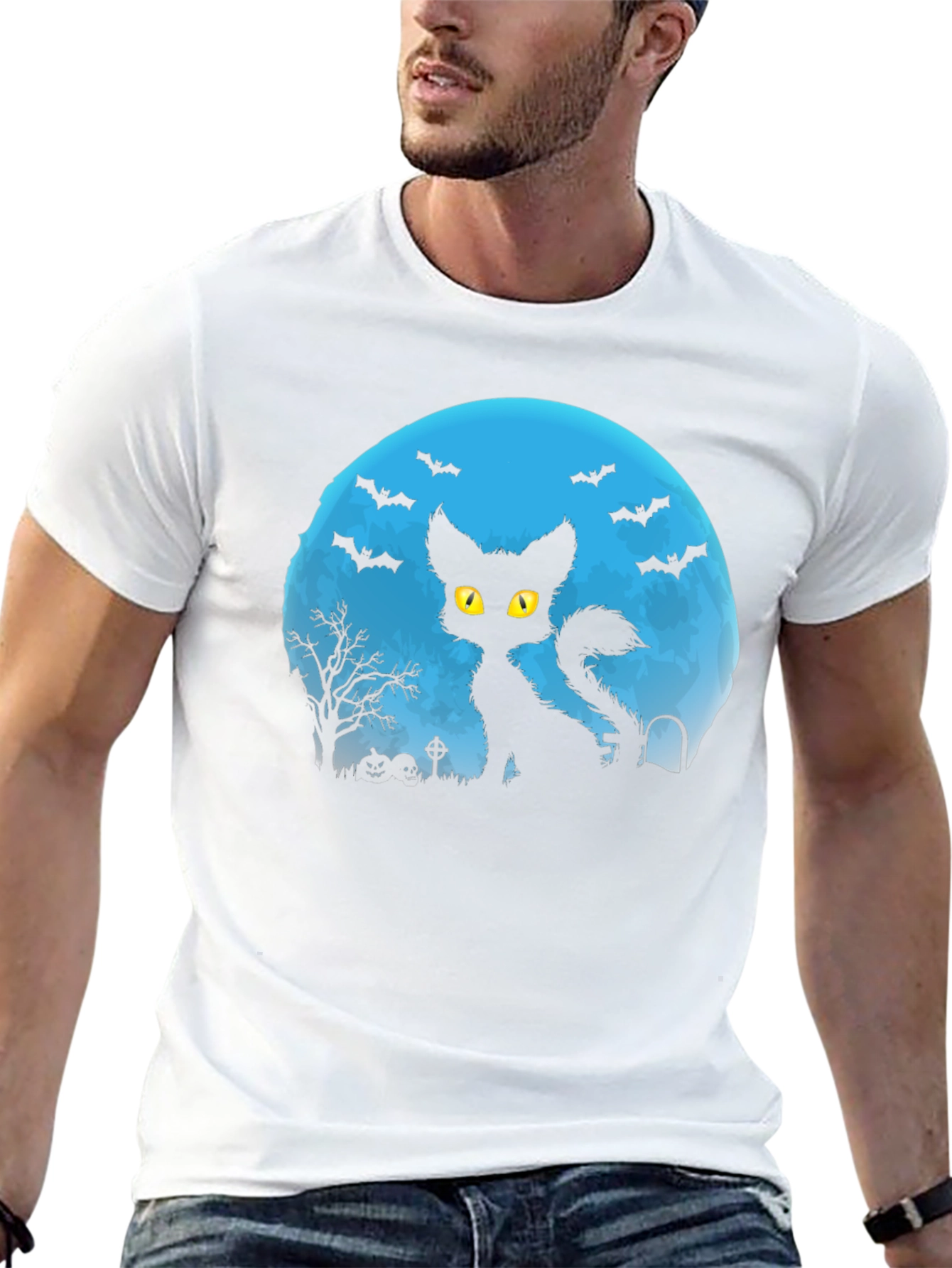 Halloween Cat Silhouette T-Shirt - Spooky Moon Design