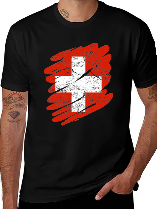 Distressed Swiss Flag Graphic Tee - Mens Black T-Shirt