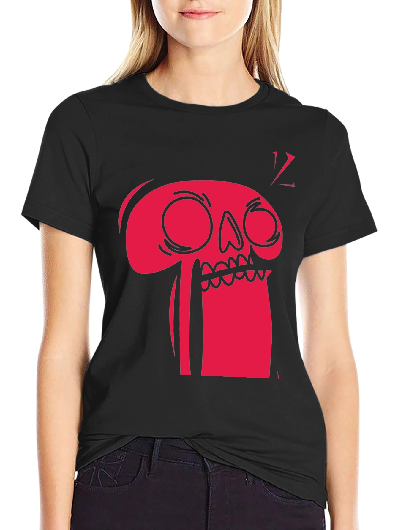 Bold Graphic Tee - Red Cartoon Skull on Black