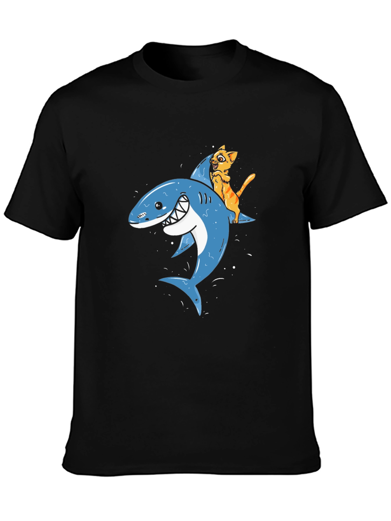 Cat Riding Shark Black T-Shirt