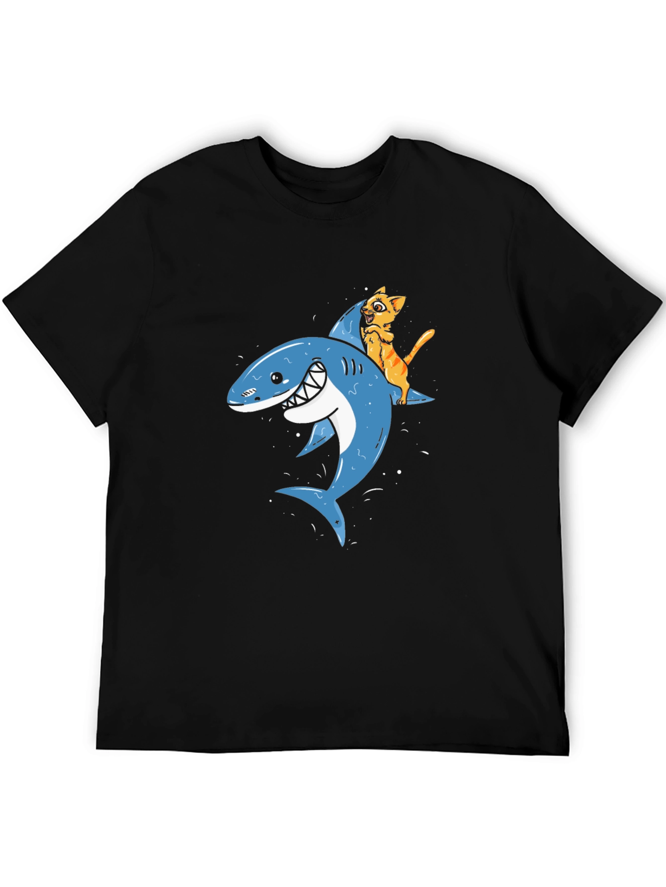 Cat Riding Shark Black T-Shirt
