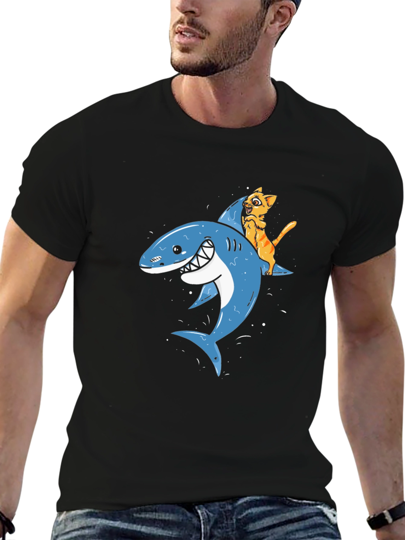 Cat Riding Shark Black T-Shirt