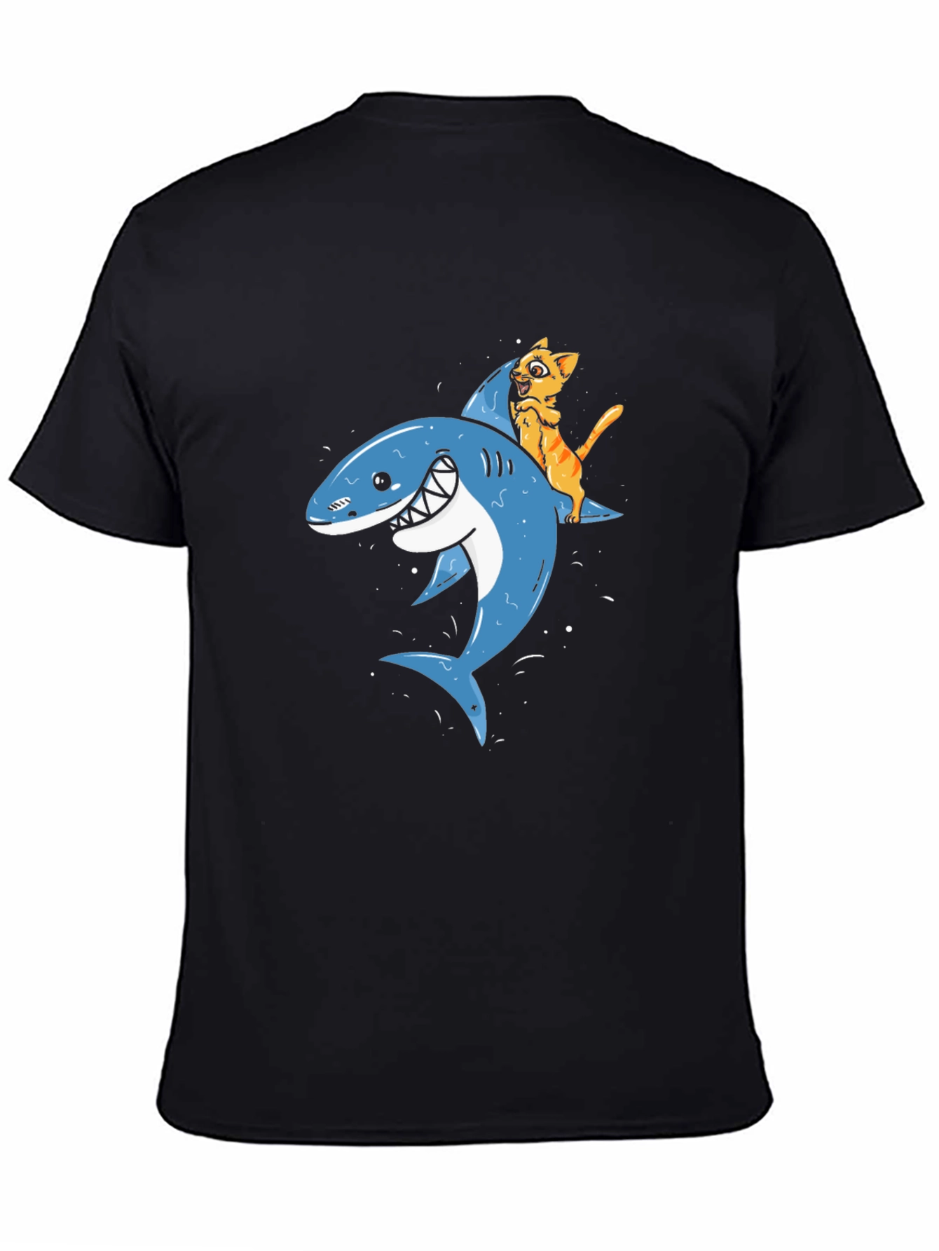 Cat Riding Shark Black T-Shirt