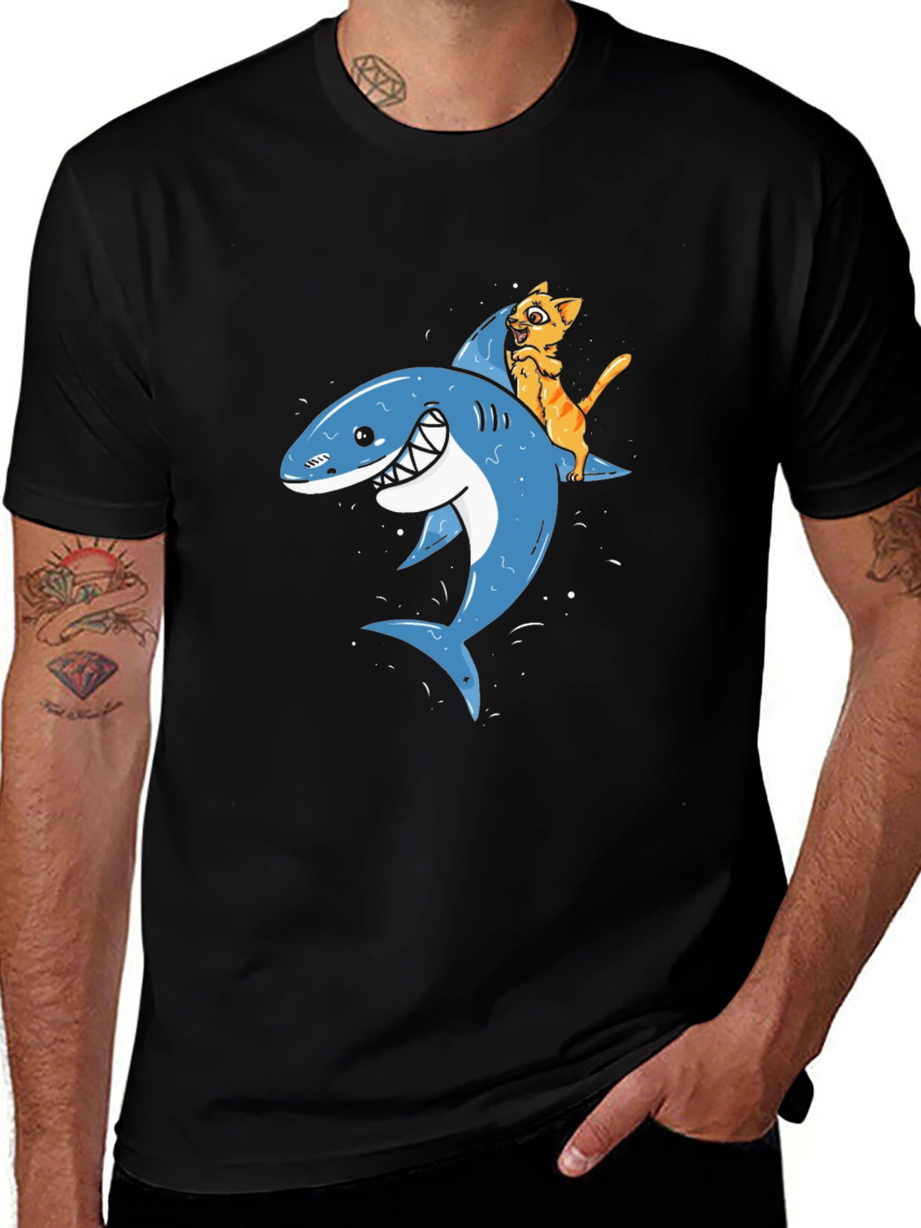 Cat Riding Shark Black T-Shirt