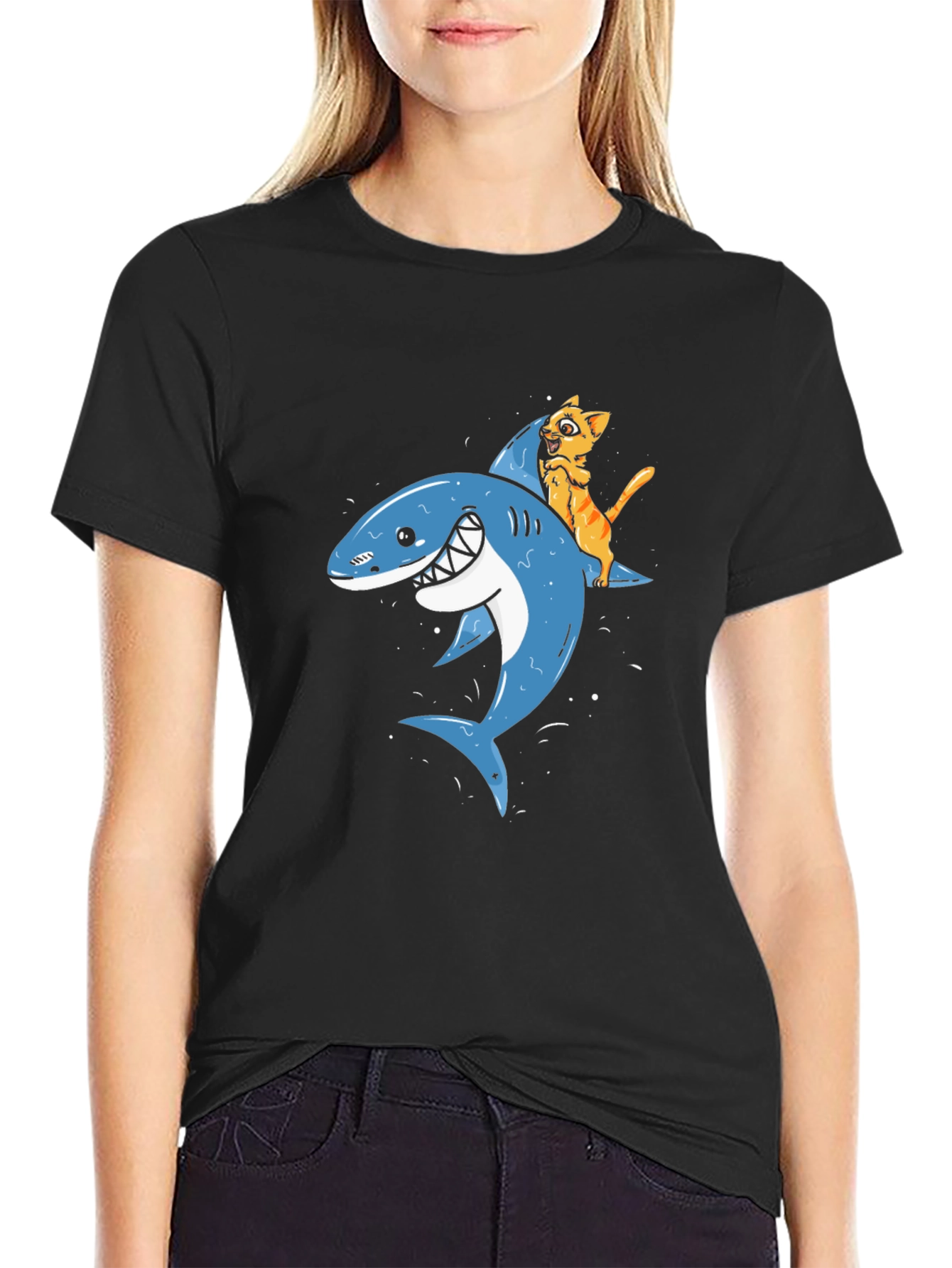 Cat Riding Shark Black T-Shirt
