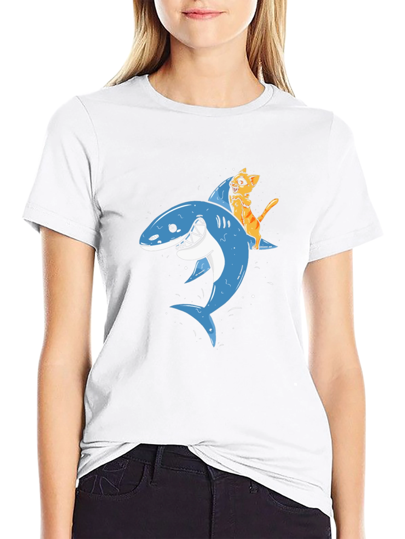 Cat Riding Shark Black T-Shirt