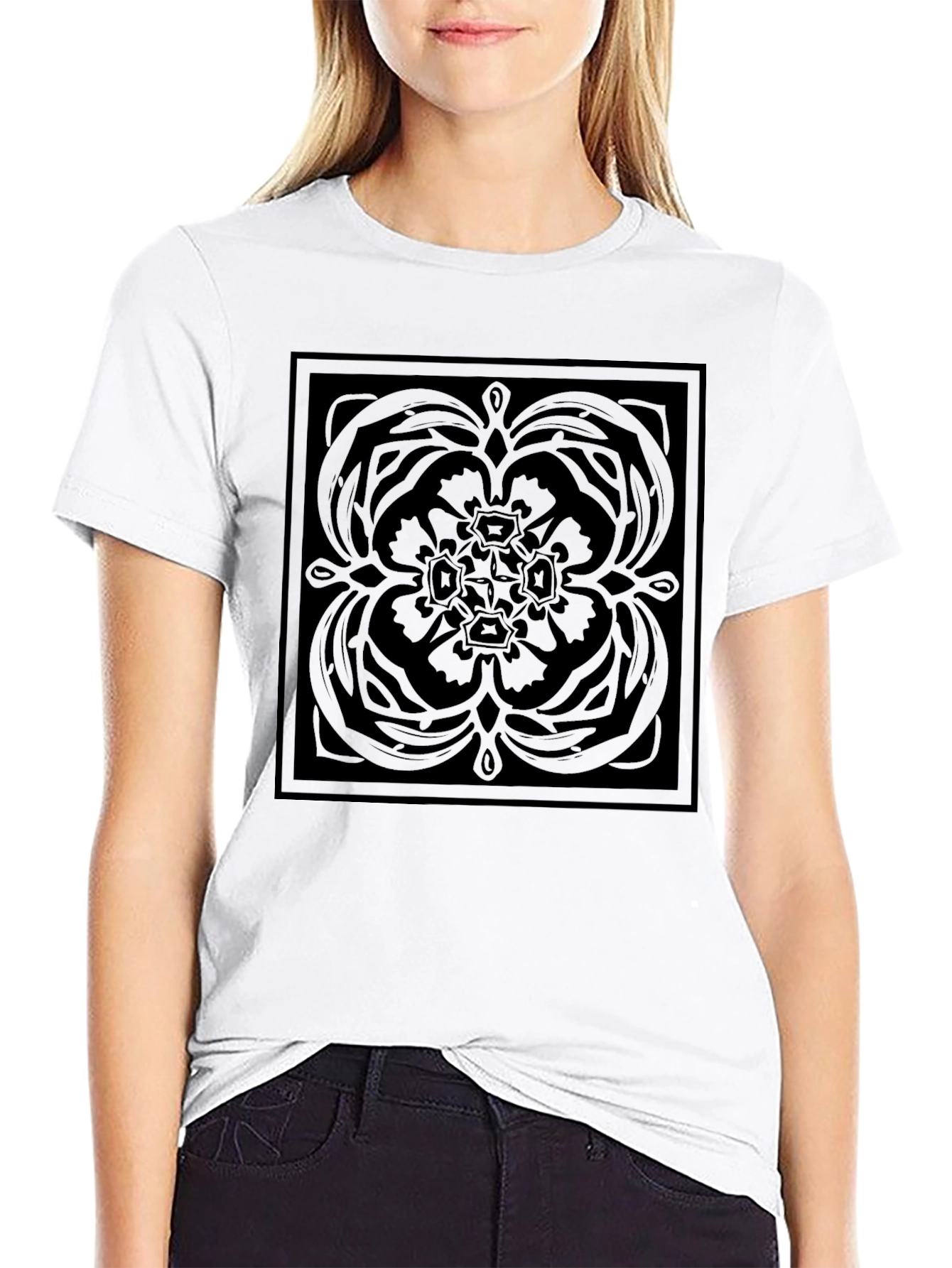 Stylish Black Graphic Tee - Square Floral Pattern